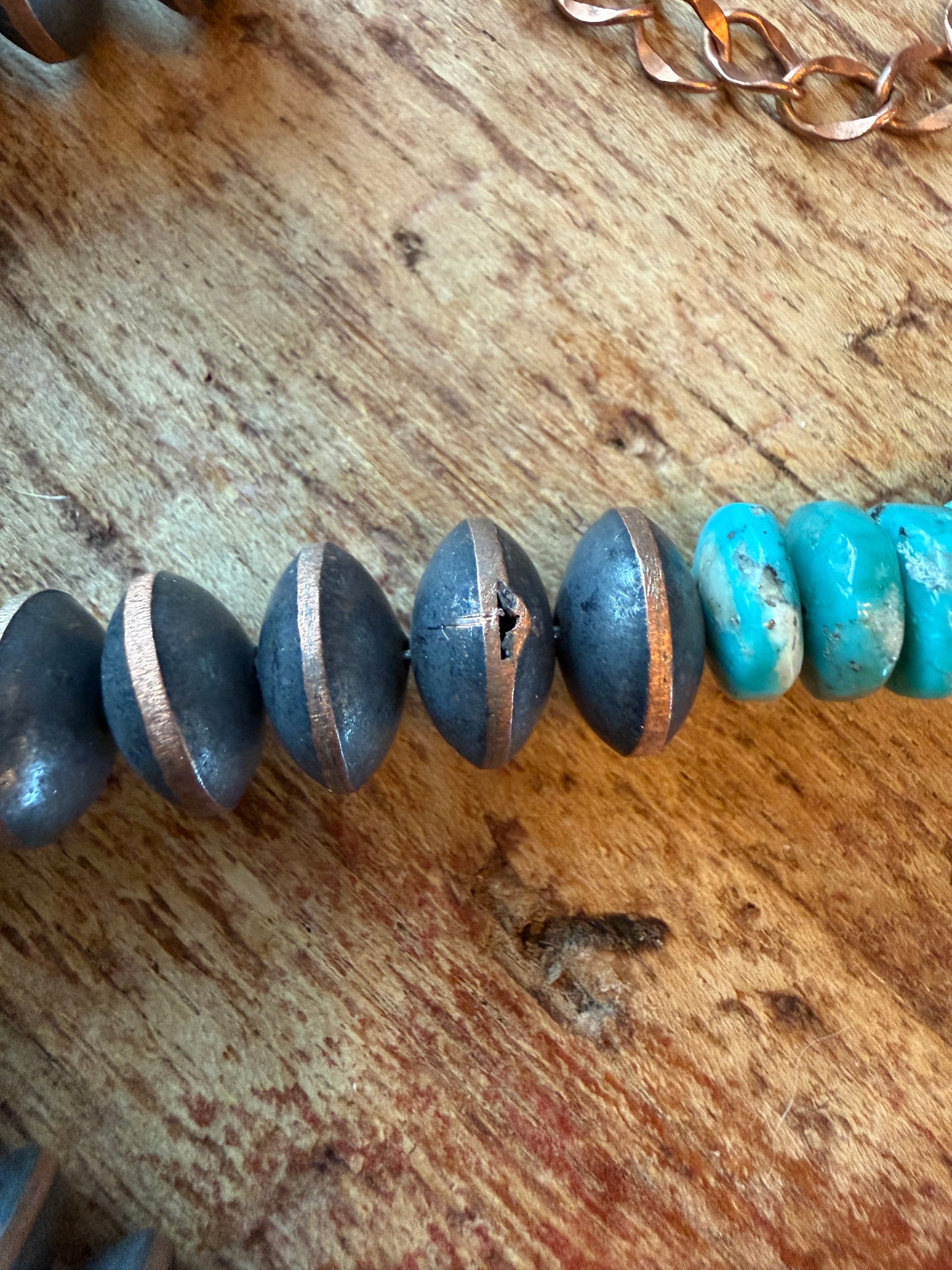Hannah-Copper beaded necklace machine made with cloud Mountain Turquoise, 19 to 21 inches long with extended chain