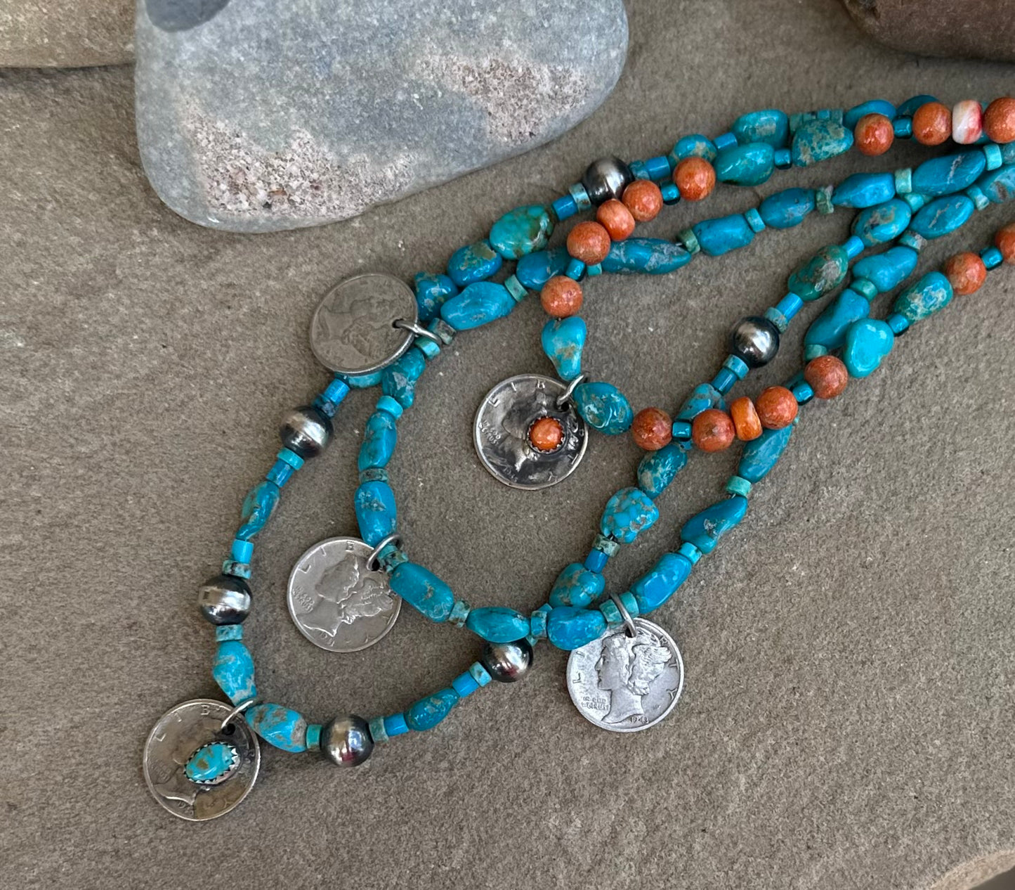 Turquoise and 3 mercury dime charms.