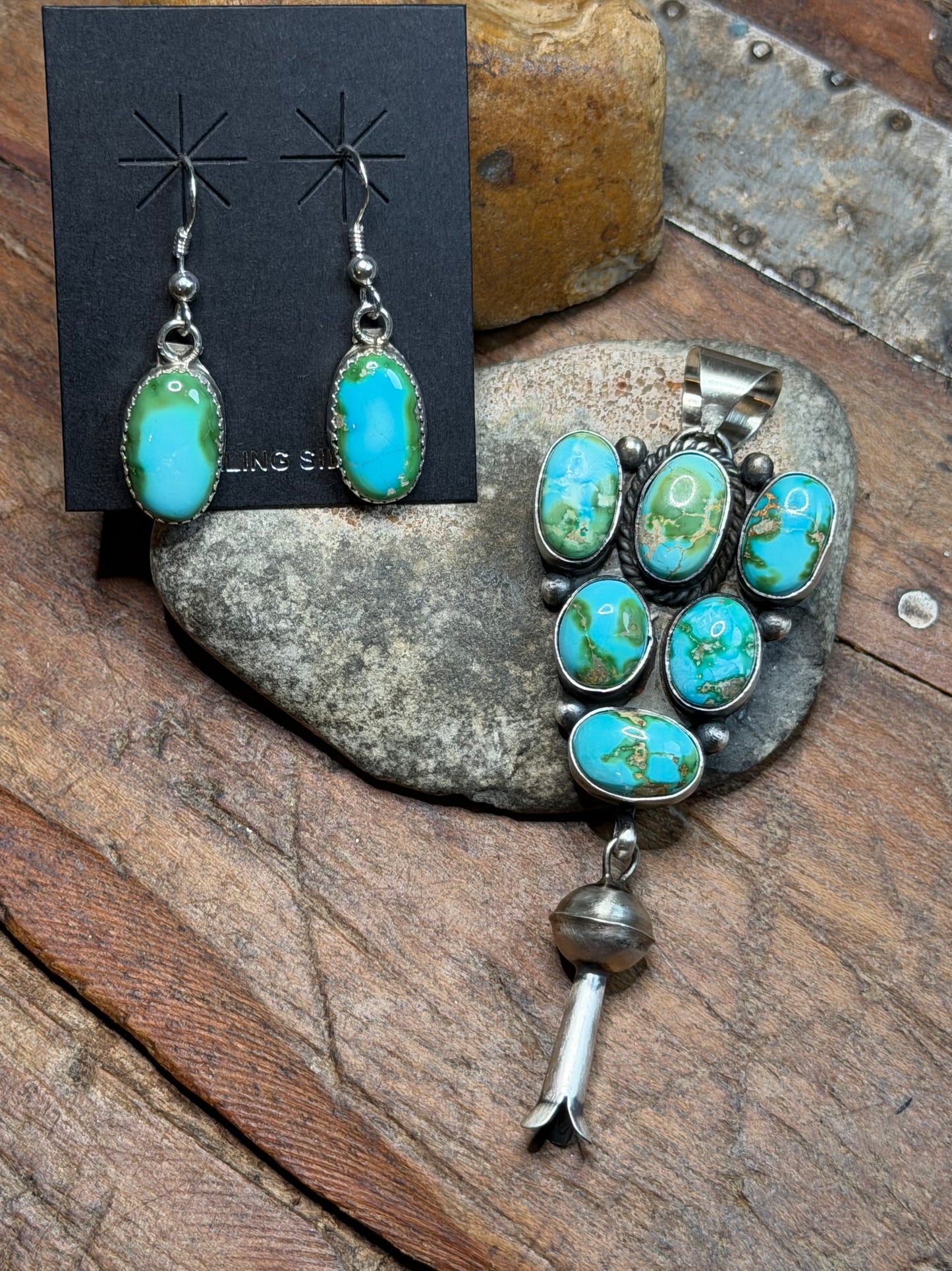Rachel HO - Turquoise Pendant w Blossom and Turquoise Dangle Earrings