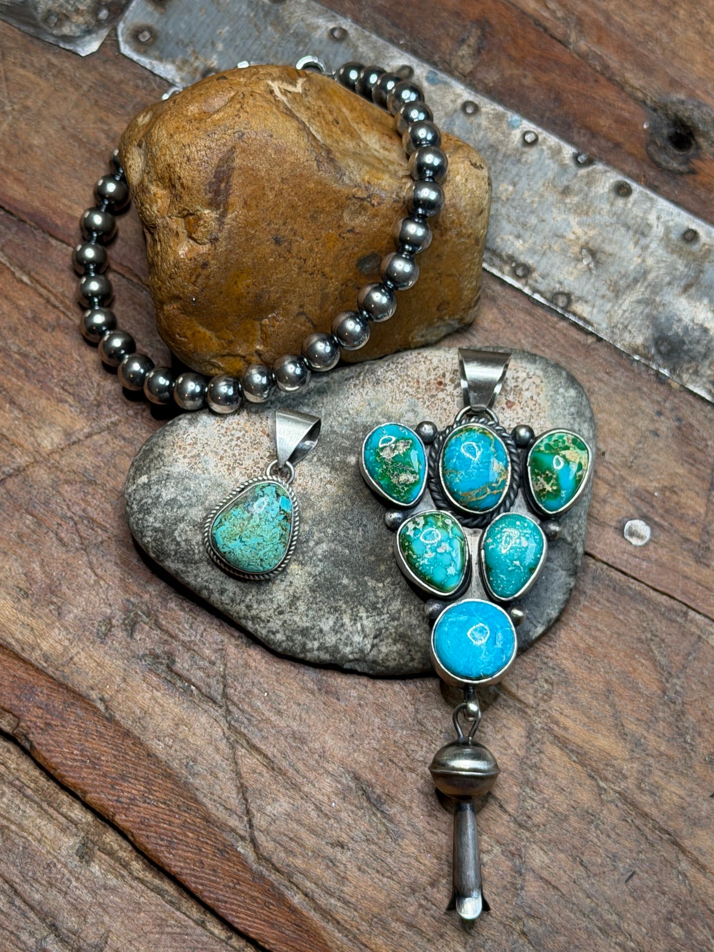 Jo P - TUrquoise Cluster Pendant w Blossom, 6mm Machine Made Bracelet, Turq. Mini Pendant