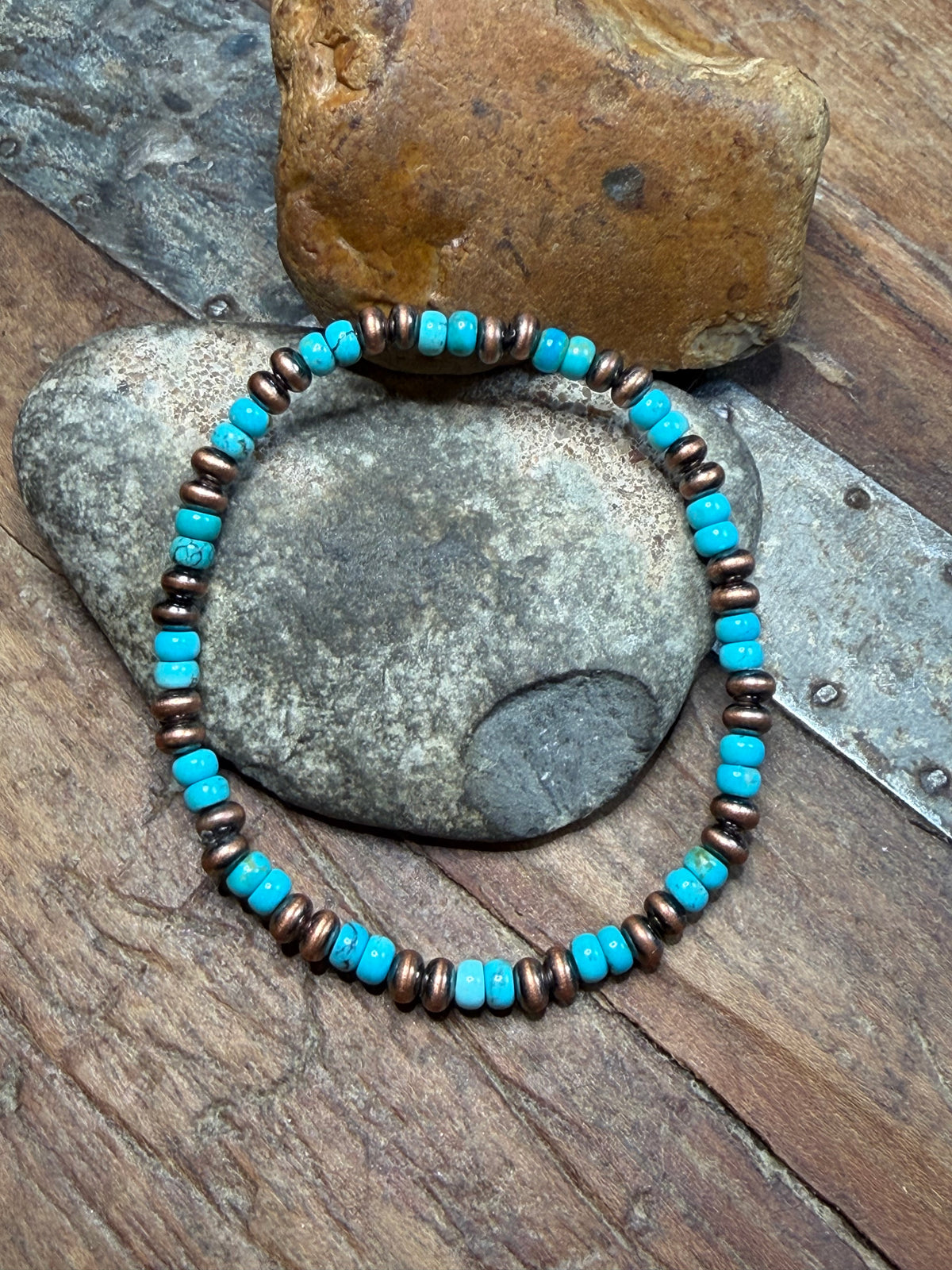 Shirley H - 4mm Machine Made Beaded Copper and Turquoise Stretchy Bracelet
