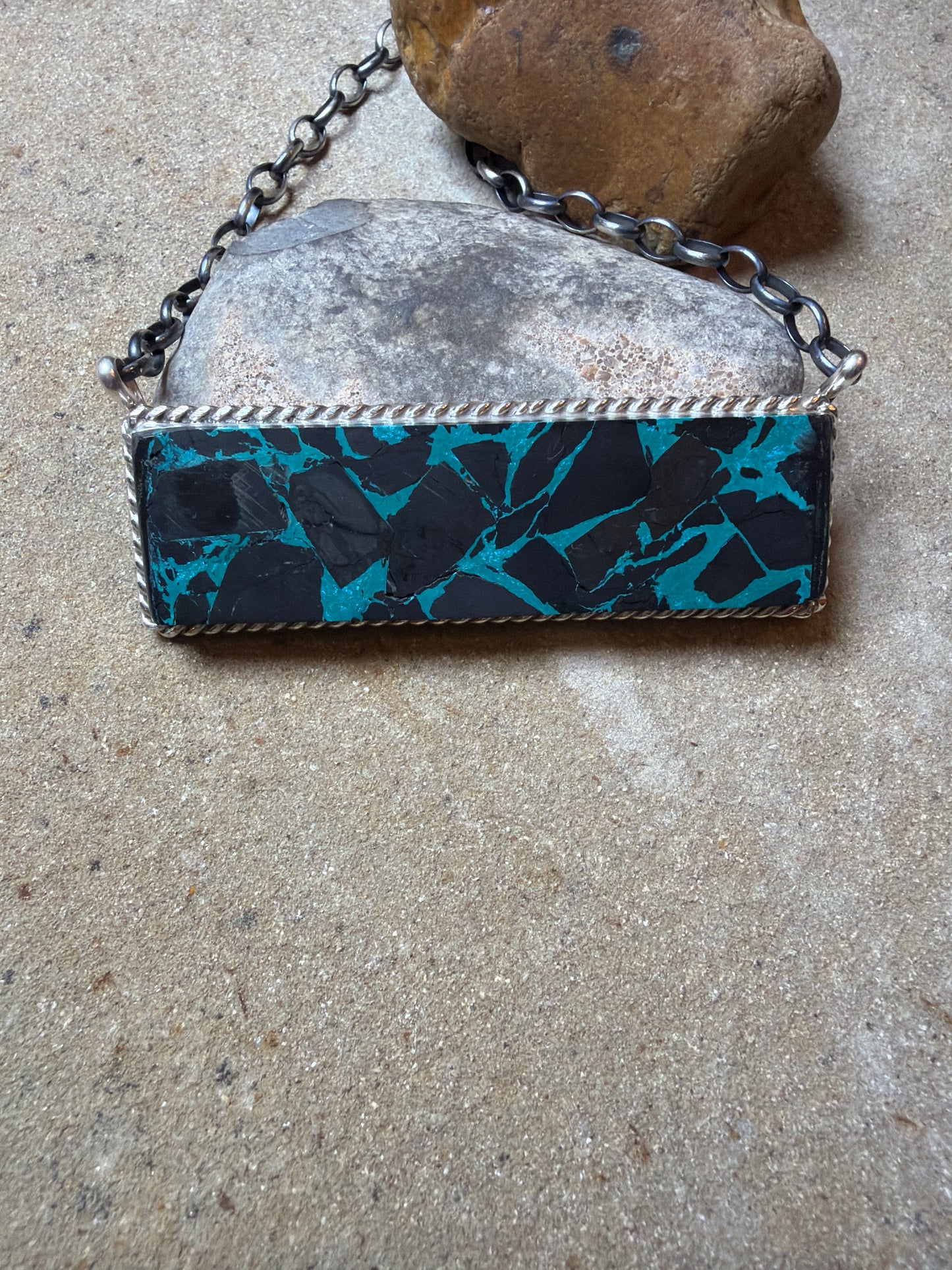 Bug-Brandon etcitty kingman and black compressed turquoise bar necklace