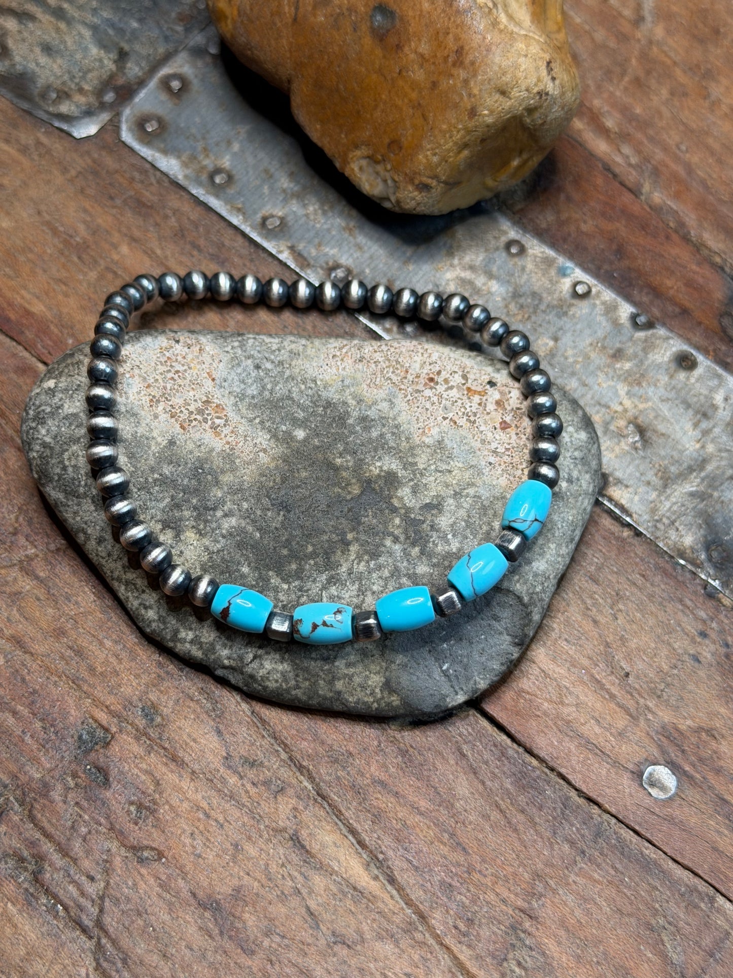 Cara - 4mm Machine Made Beaded Stretchy Bracelet w Turquoise and Box beads