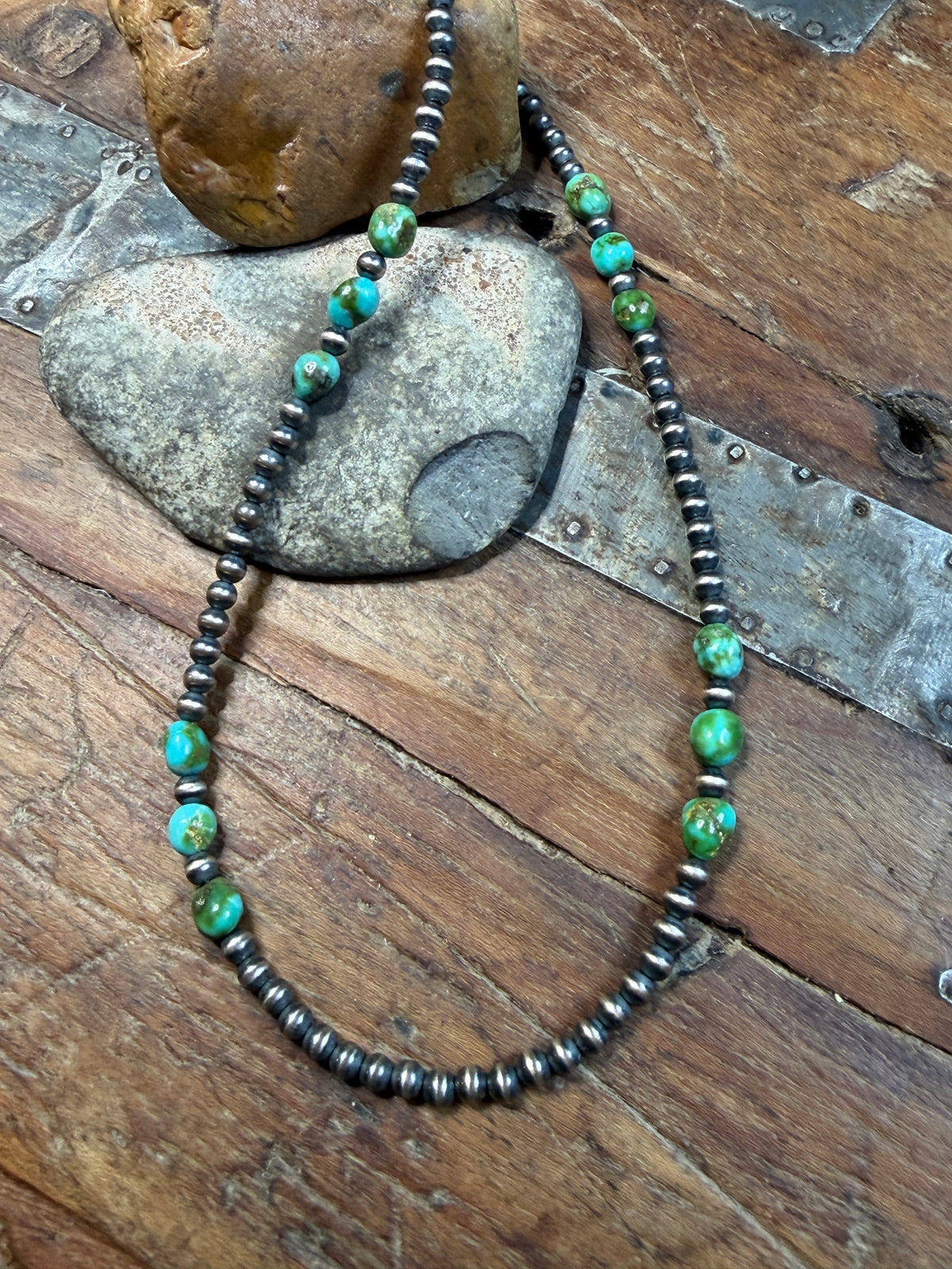 Shawne - 3.93mm Machine Made Beaded Necklace w Turquoise Stones - 18" Long
