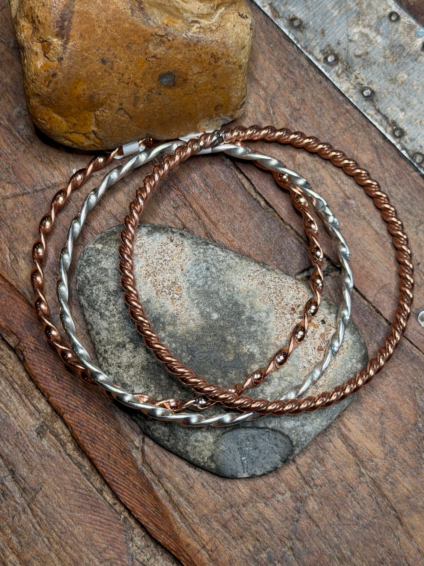 2 Twisted Copper Bangles and 1 Twisted Silver Bangle
