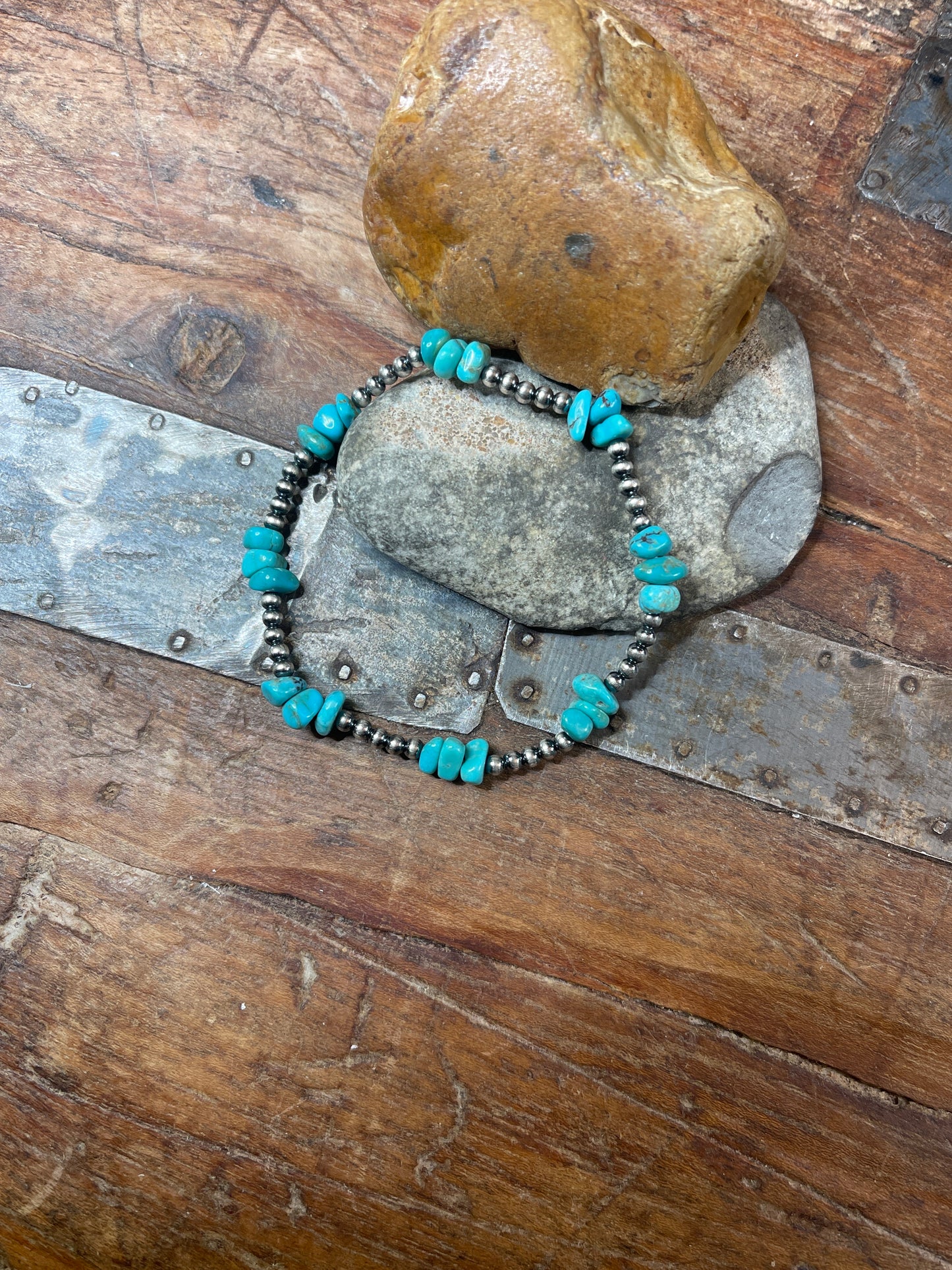Wendy-machine made turquoise and silver bead stretch bracelet