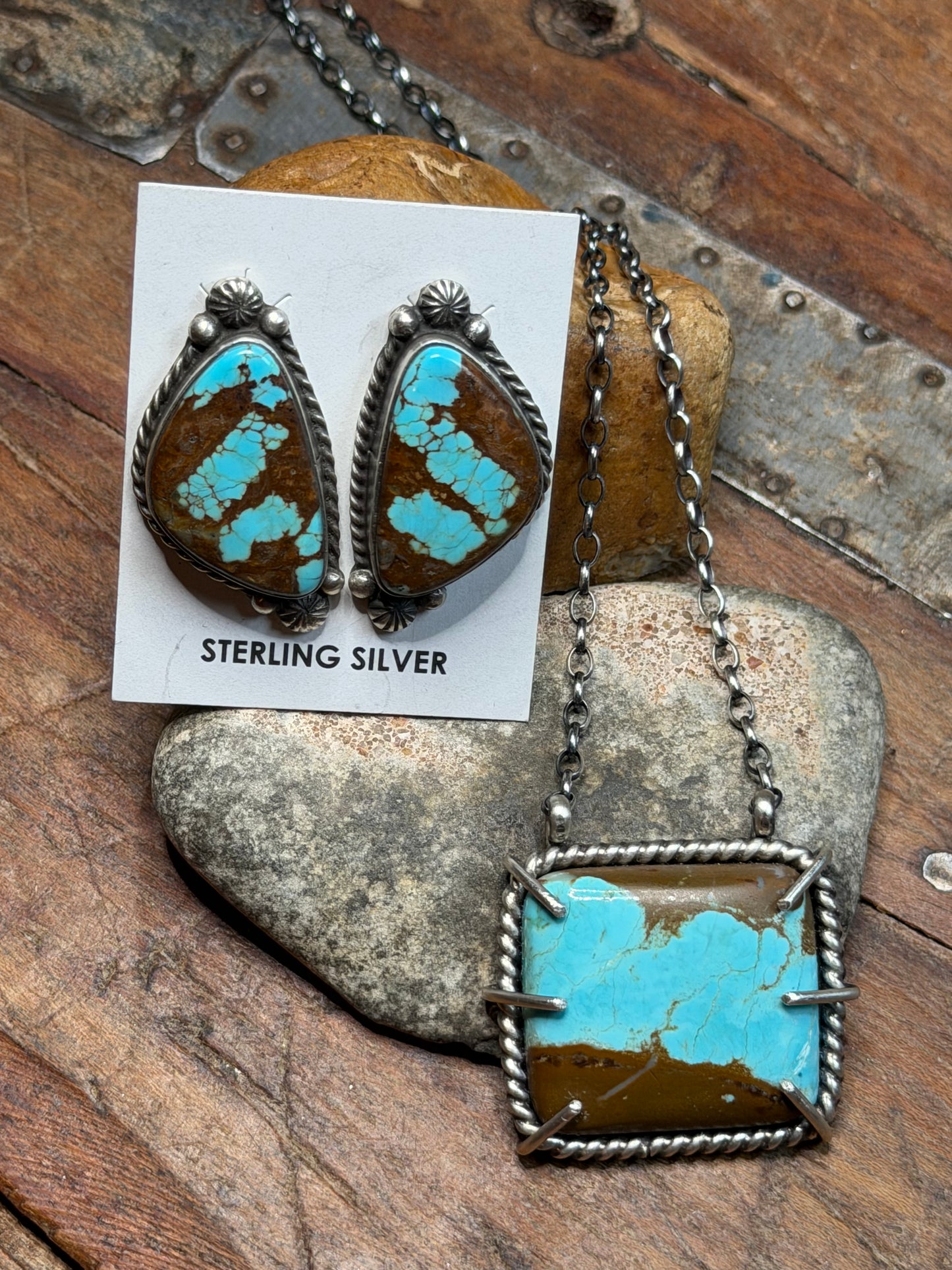Sally - Waterproof Turquoise Square Bar Necklace and Turquoise Stud Earrings