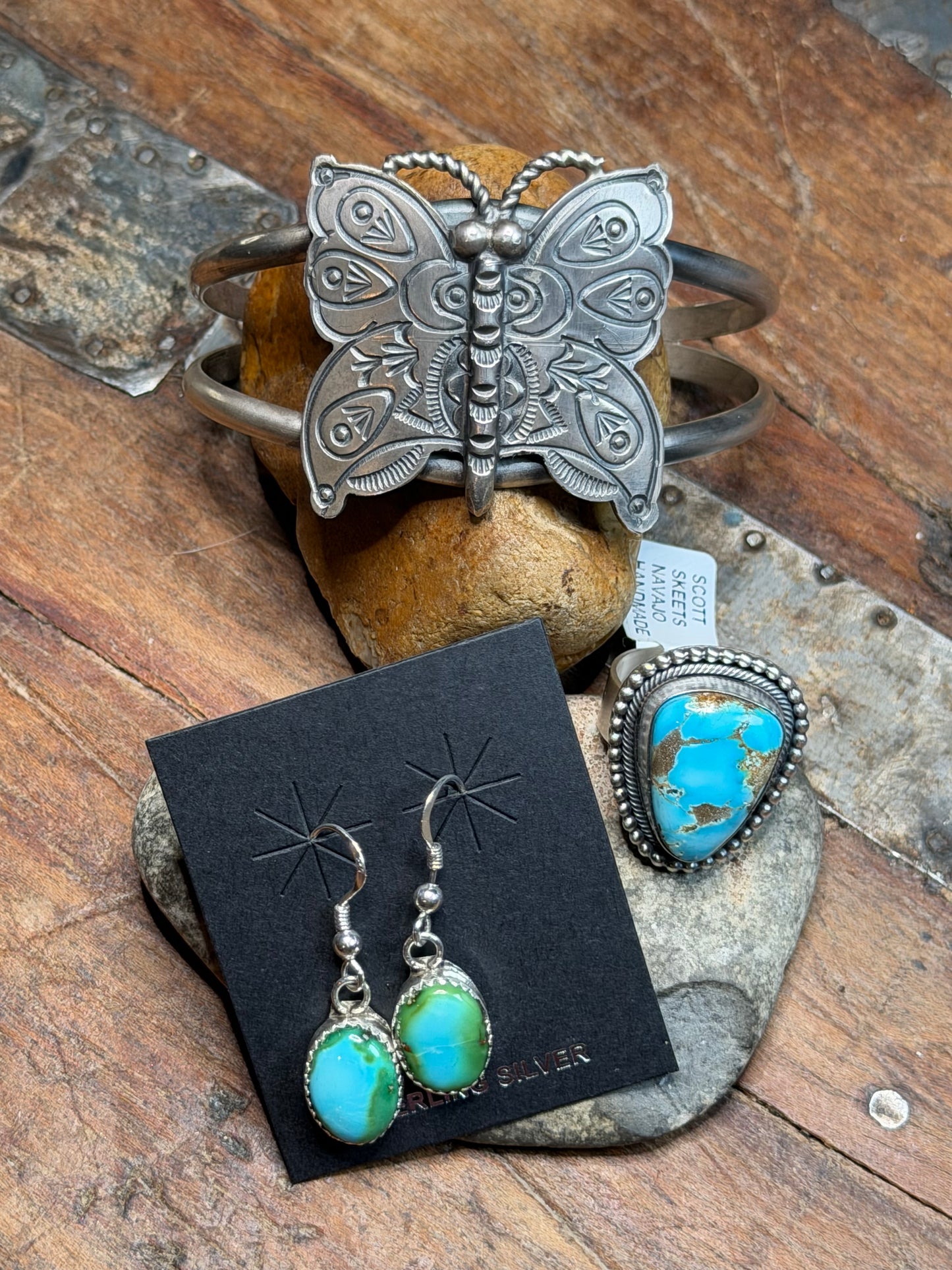 Christine - Sterling Butterfly Cuff, Turquoise Adjustable Ring, Turquoise Dangle Earrings