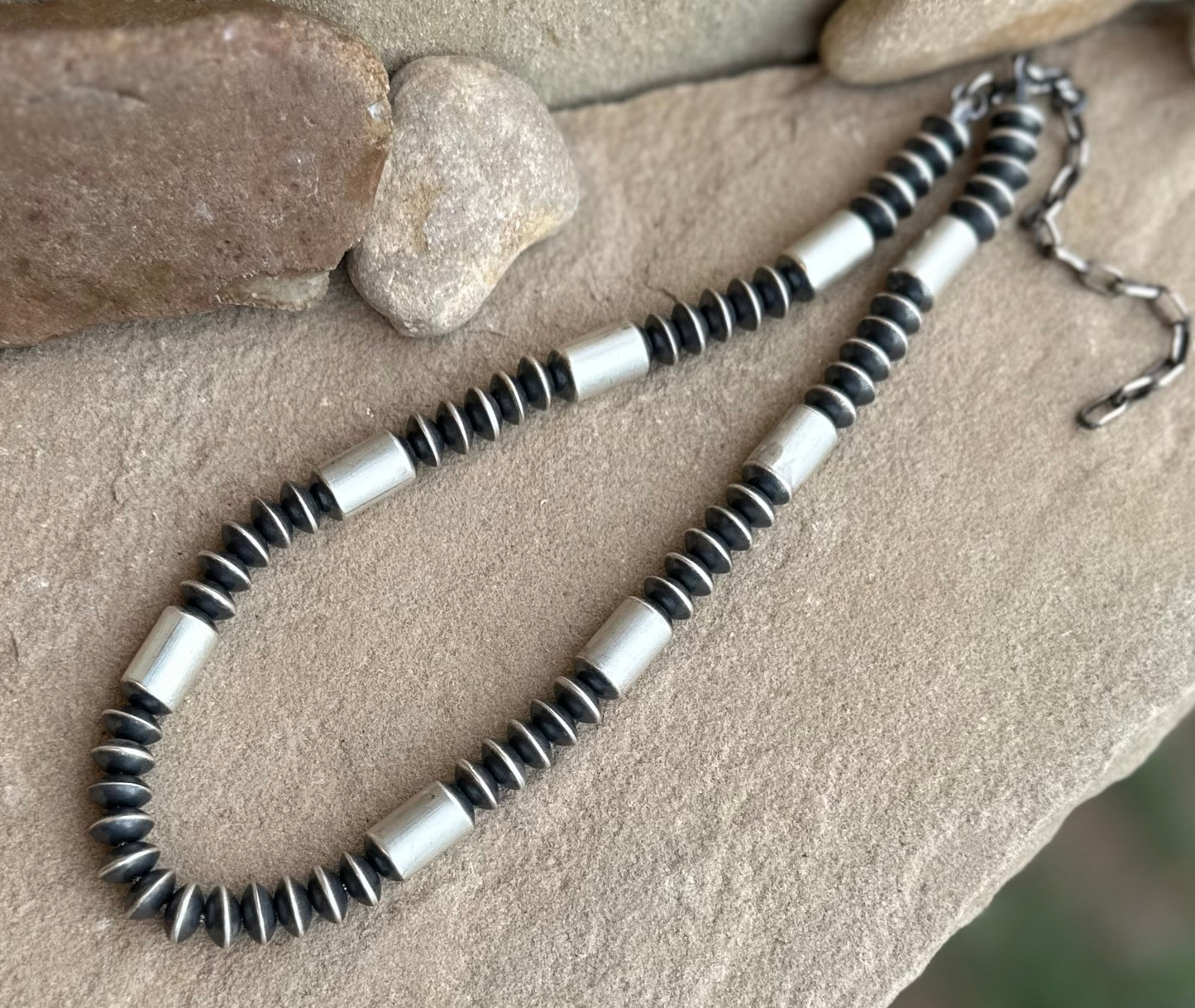 Sterling saucer and tube necklace