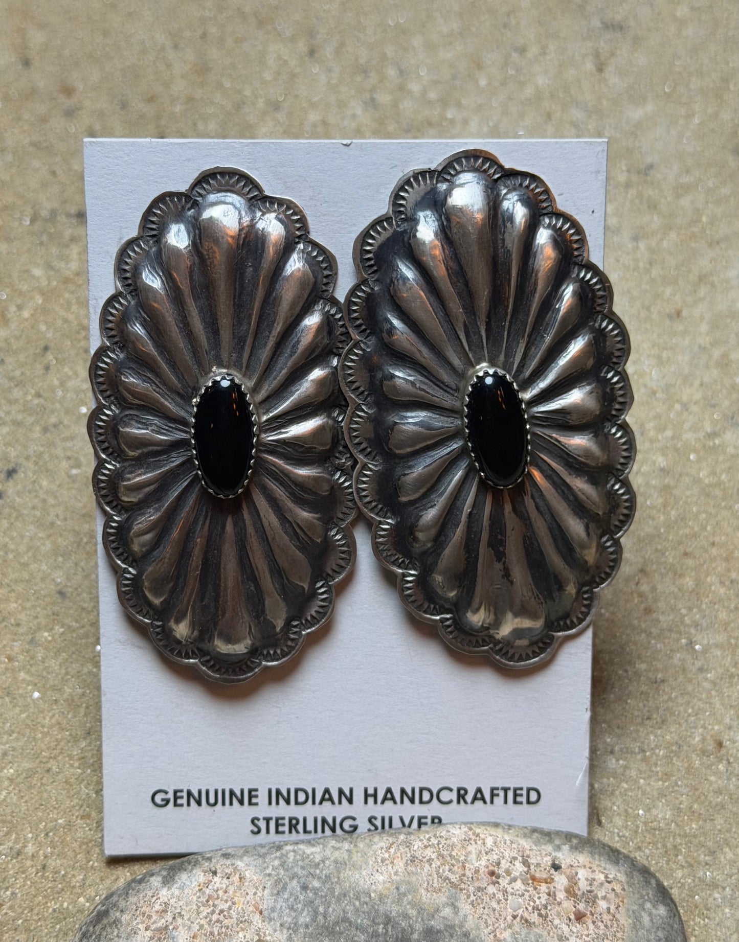 Vee - Rita Lee Sterling Concho Earrings w Black Onyx Stones