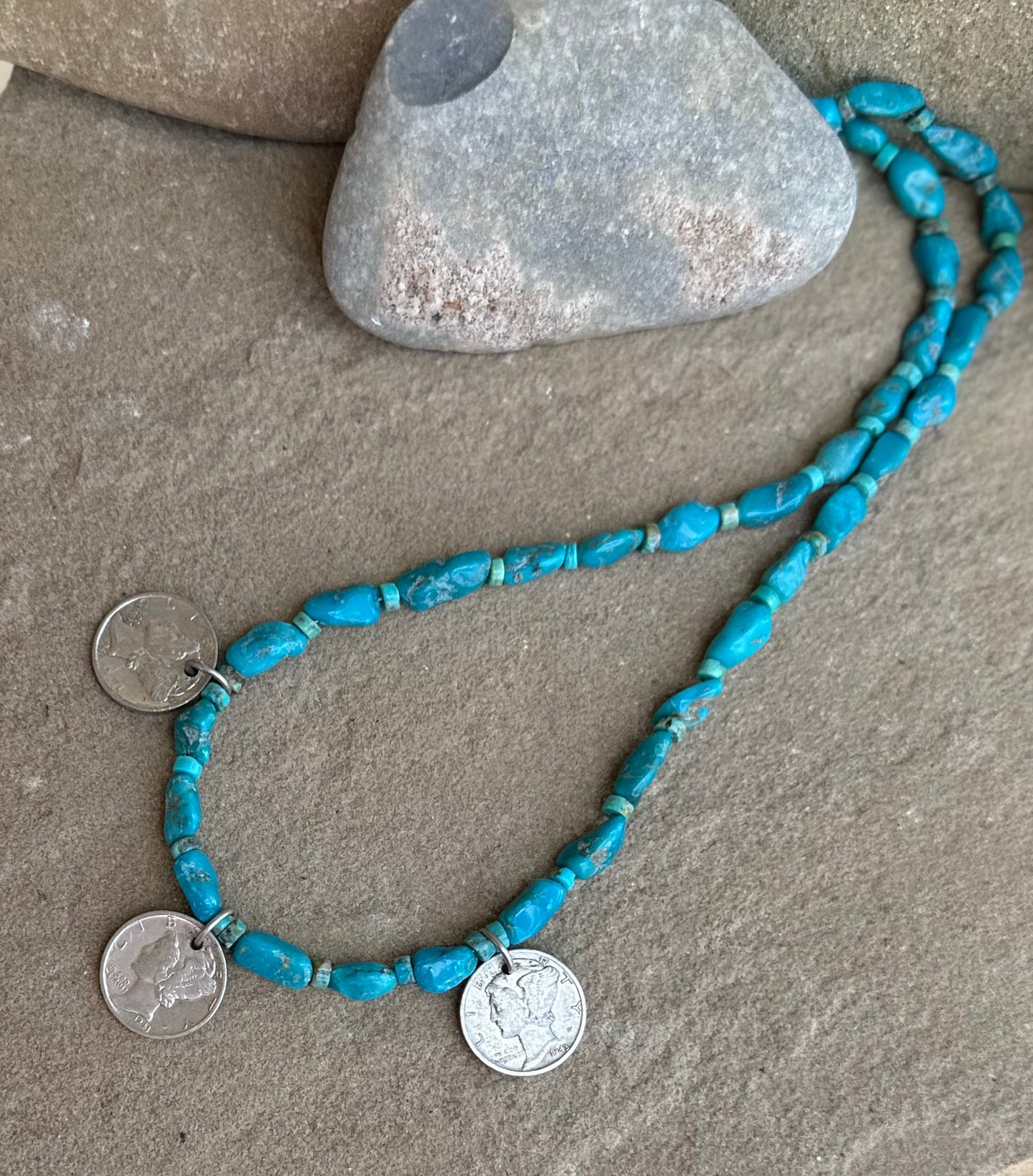 Turquoise and 3 mercury dime charms.