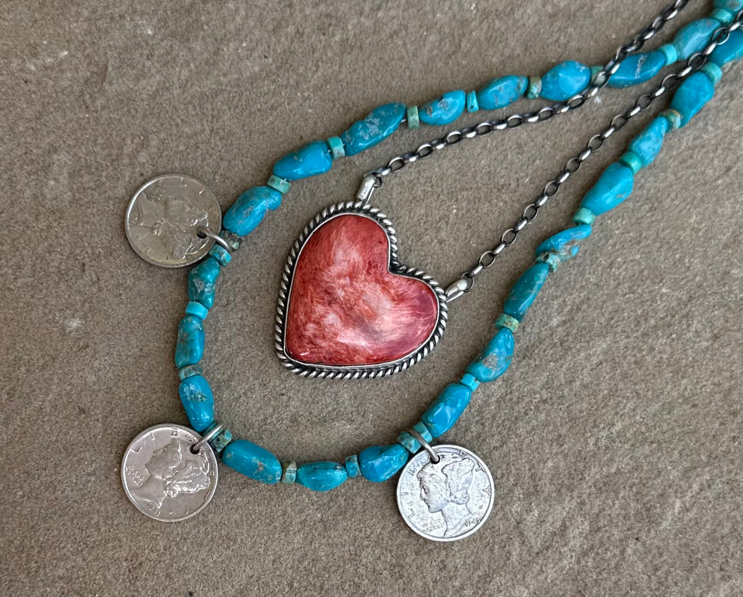Turquoise and 3 mercury dime charms.