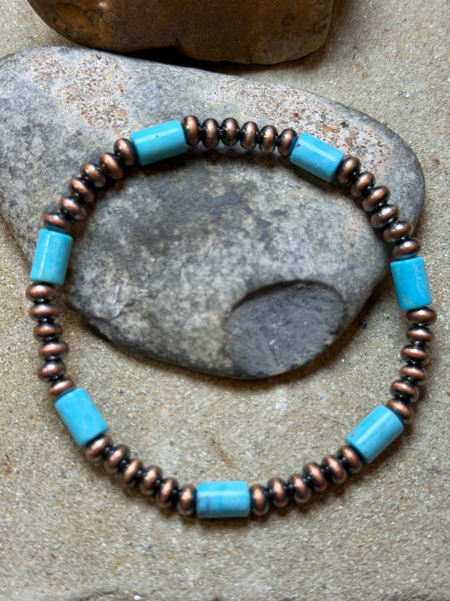 Shelly - 4.42mm Machine Made Copper Saucer Stretchy w Turquoise Barrel Beads