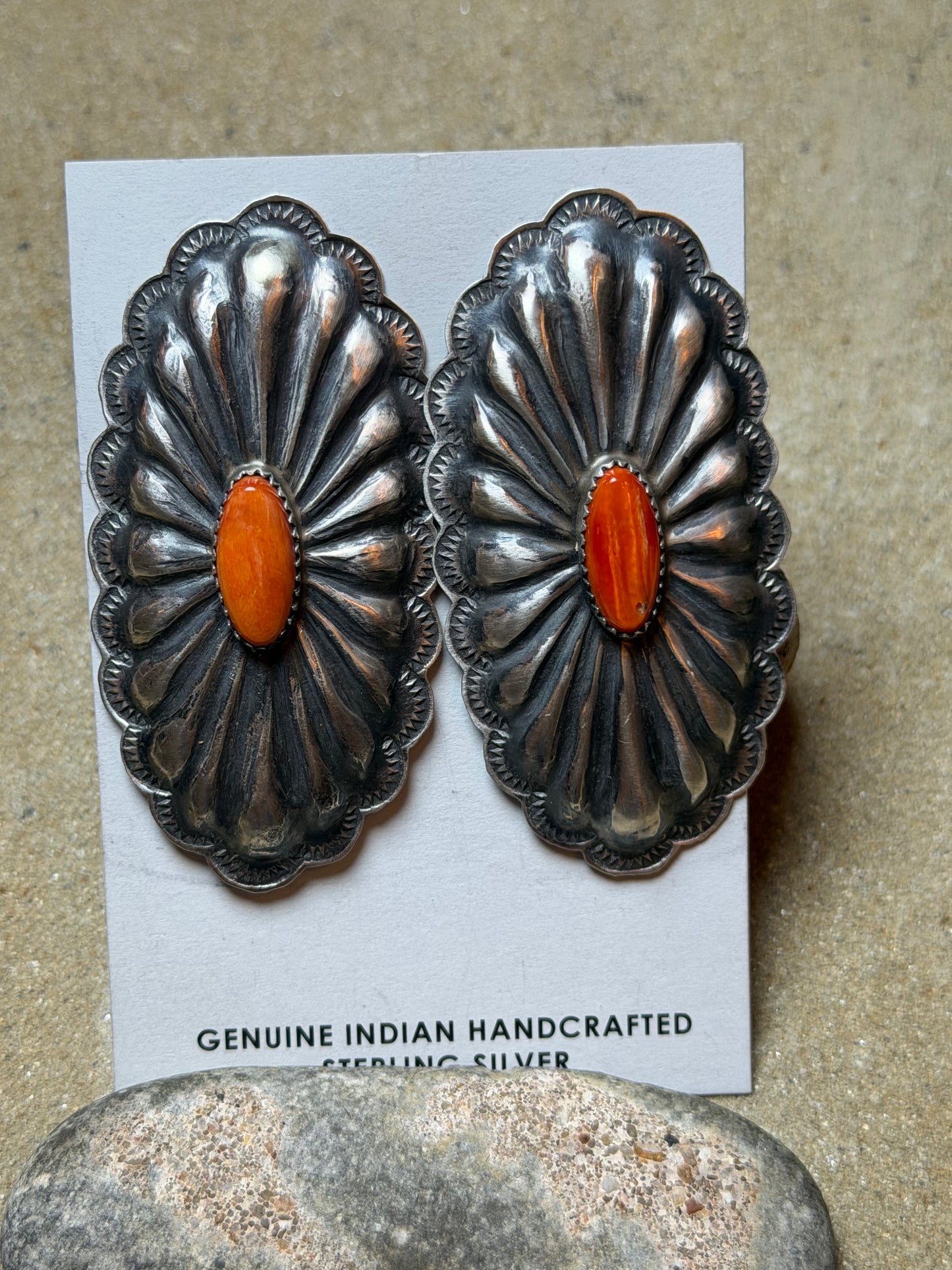 Salamanca - Sterling Concho Earrings w Orange Spiny Stones