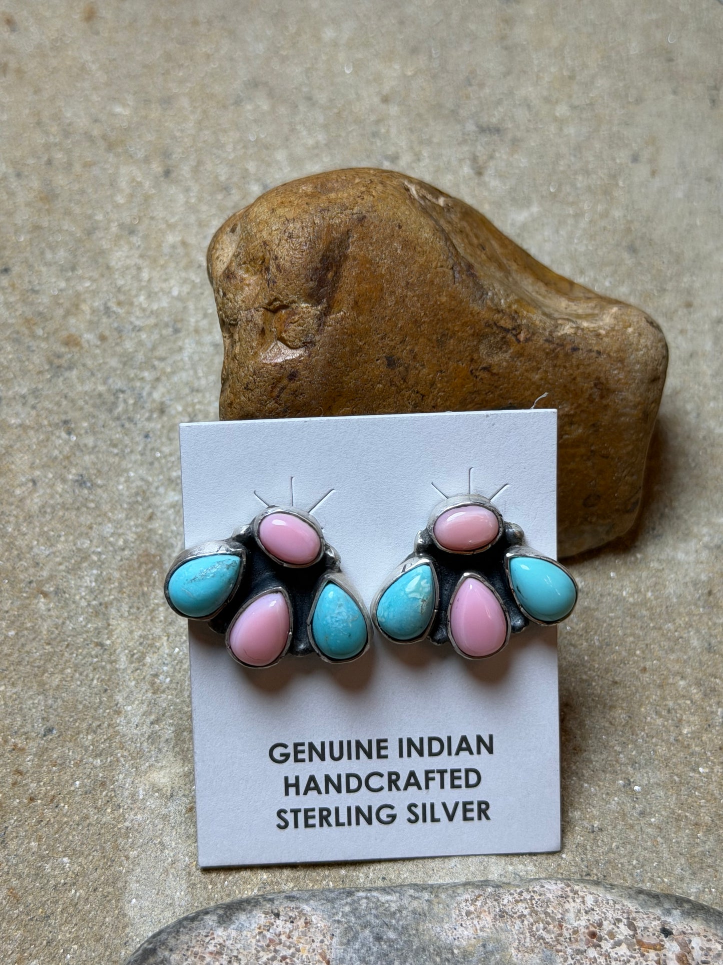 Gracie - Pink Conch and Turquoise Half Cluster Earrings