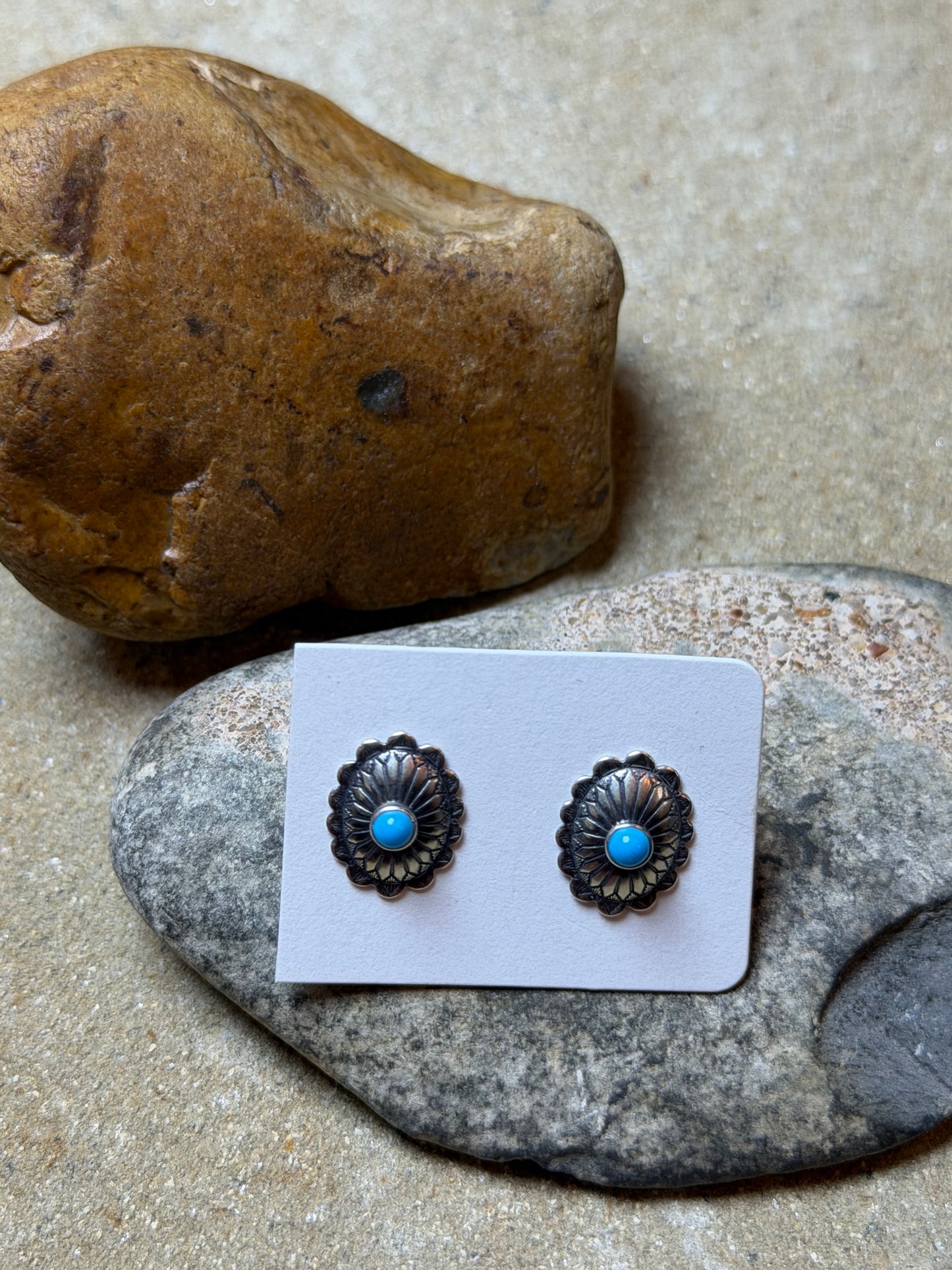 Nora, Leah, Sterling Mini Concho Stud Earrings w Turquoise Center Stone