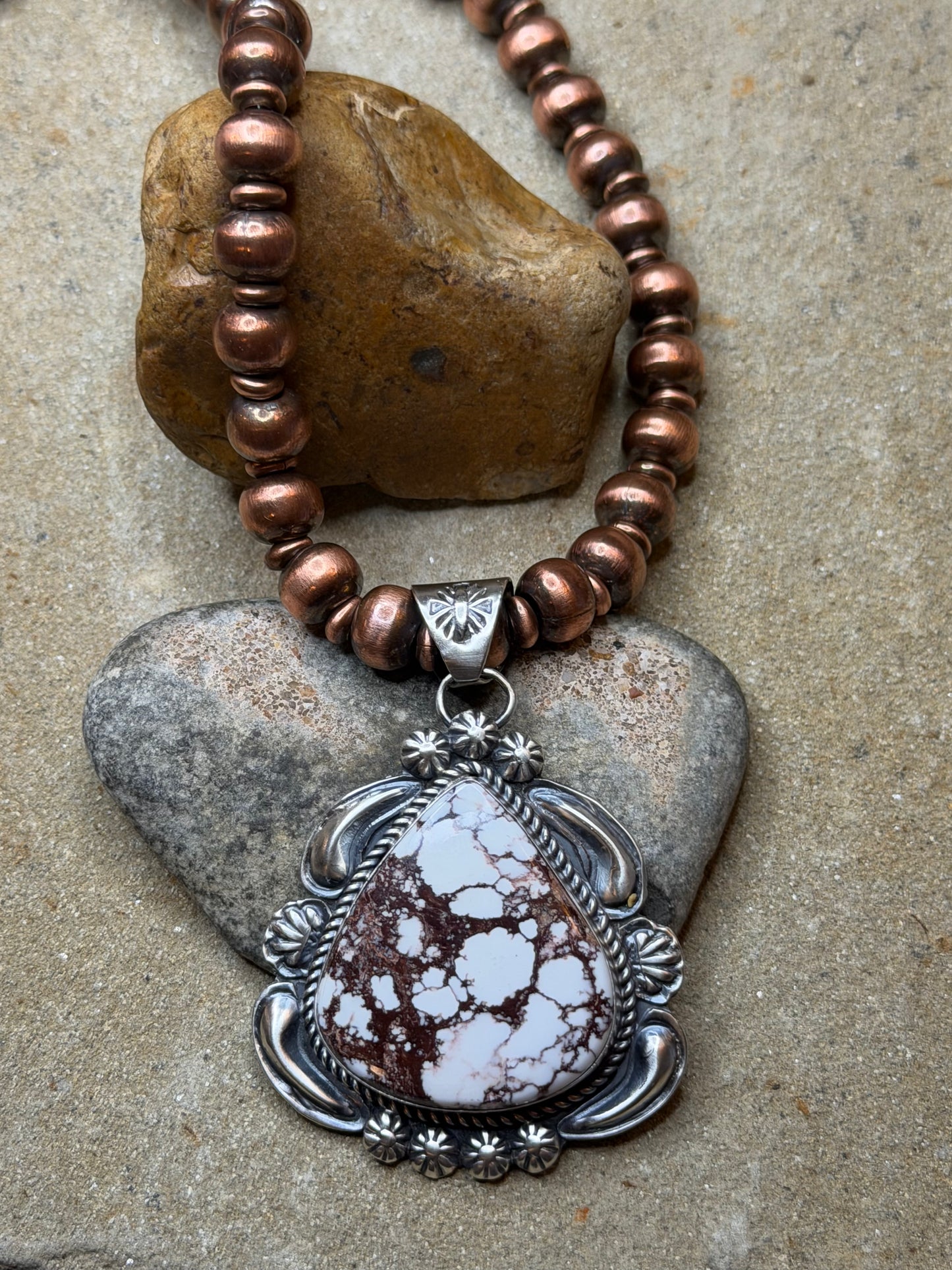 NC Lady - 10mm Machine Made Copper Beaded Necklace 18" Long w Wildhorse Pendant