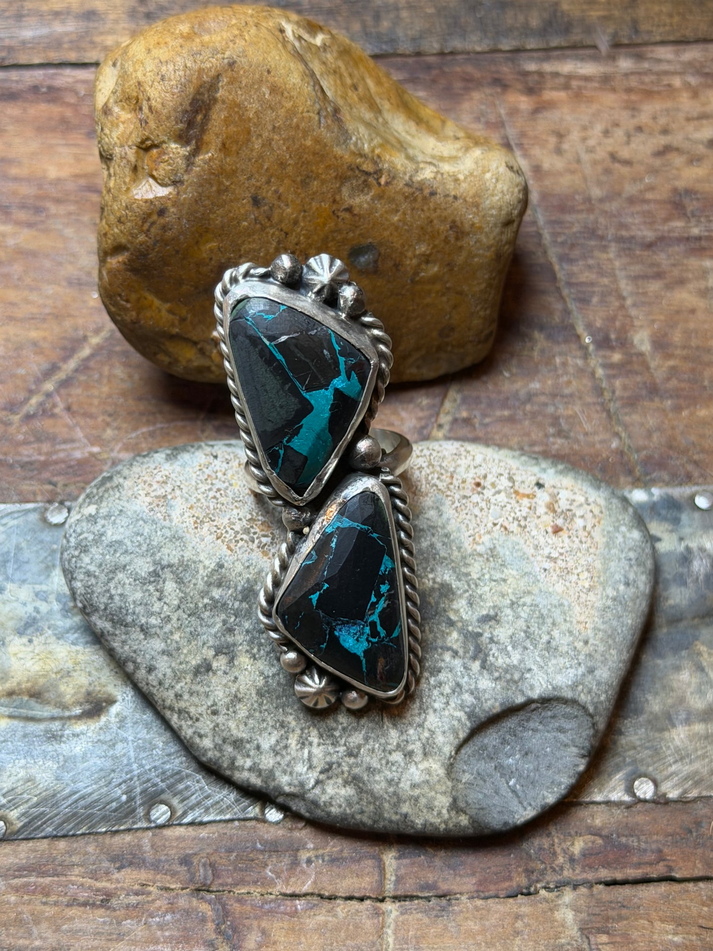 Sally - 2 Stone Blackjack and Kingman Compressed Adjustable Ring