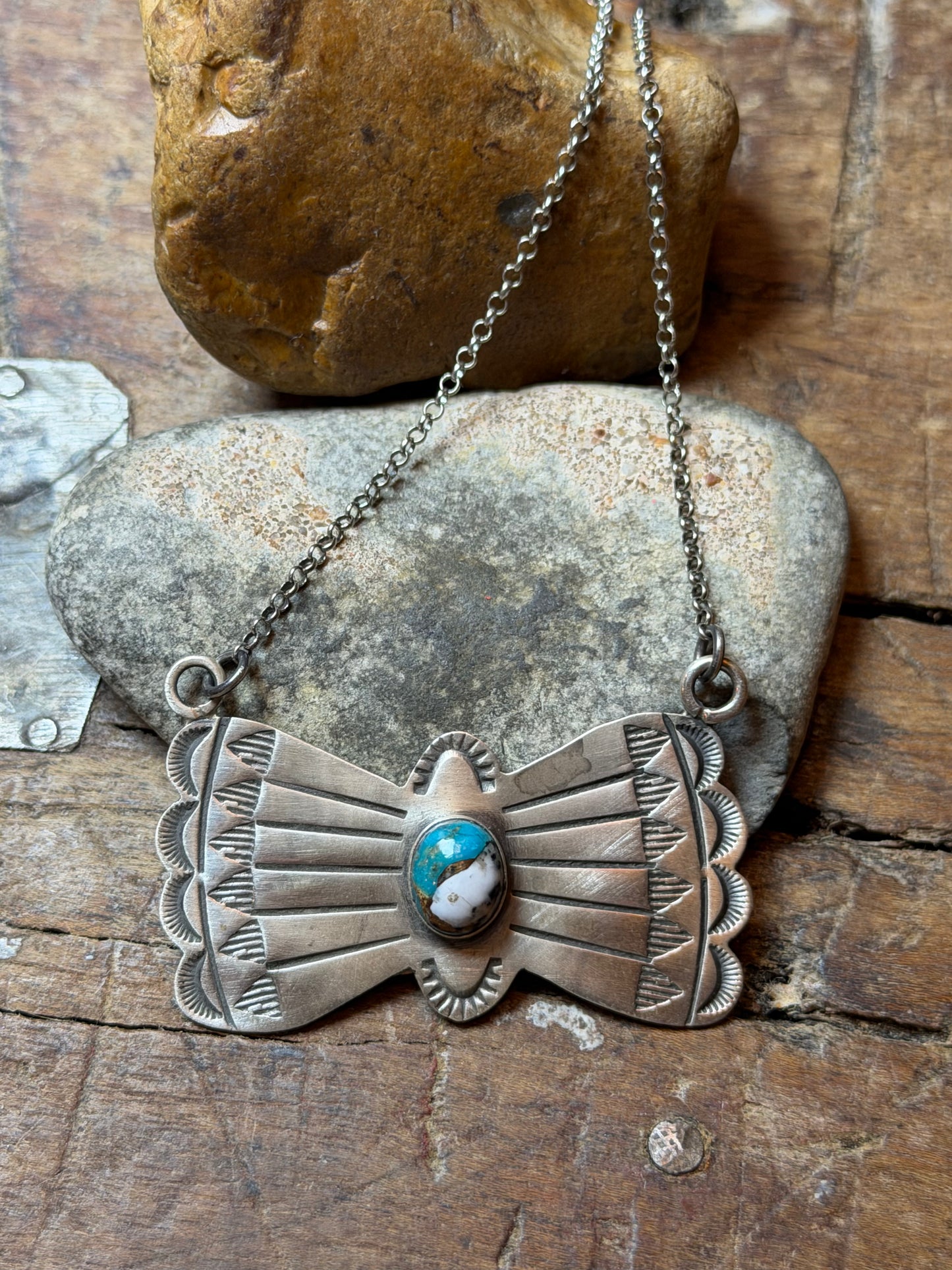 Jackie Rose - Sterling Butterfly Necklace w Turquoise Stone 18-3/8" Long