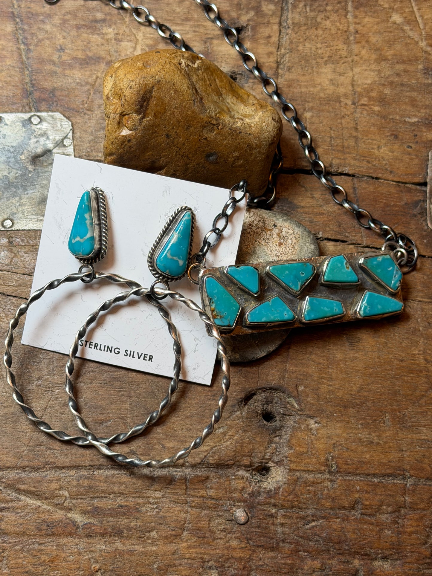 Kellie - LVLady - 8 Stone Turquoise Bar Necklace - 18-5/8" Long And Turquoise Stud Earrings w Twisted Sterling Hoops
