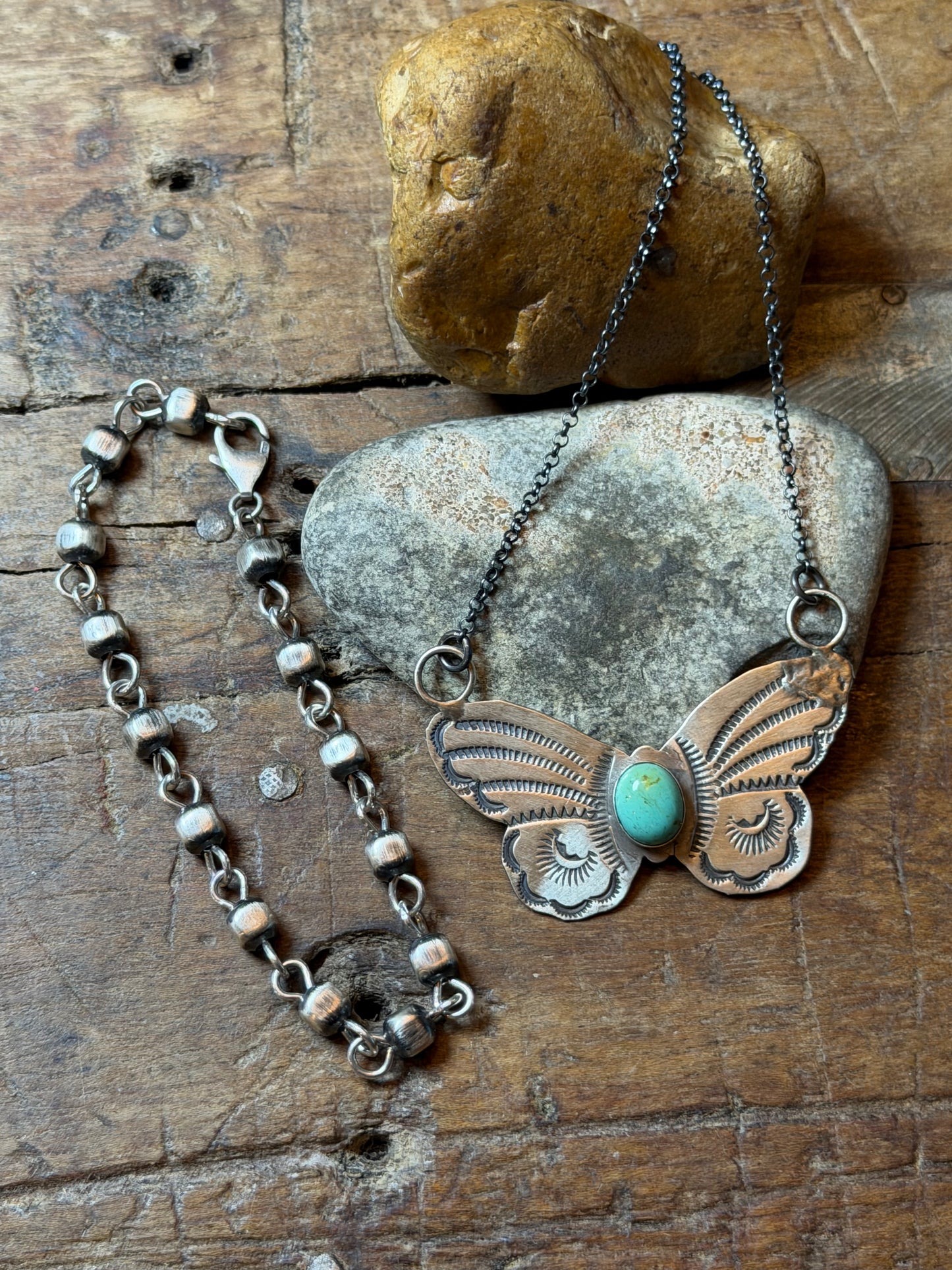 Andrea - Sterling Butterfly Necklace w Turquoise Stone. AS IS. And Rosary Bead Bracelet