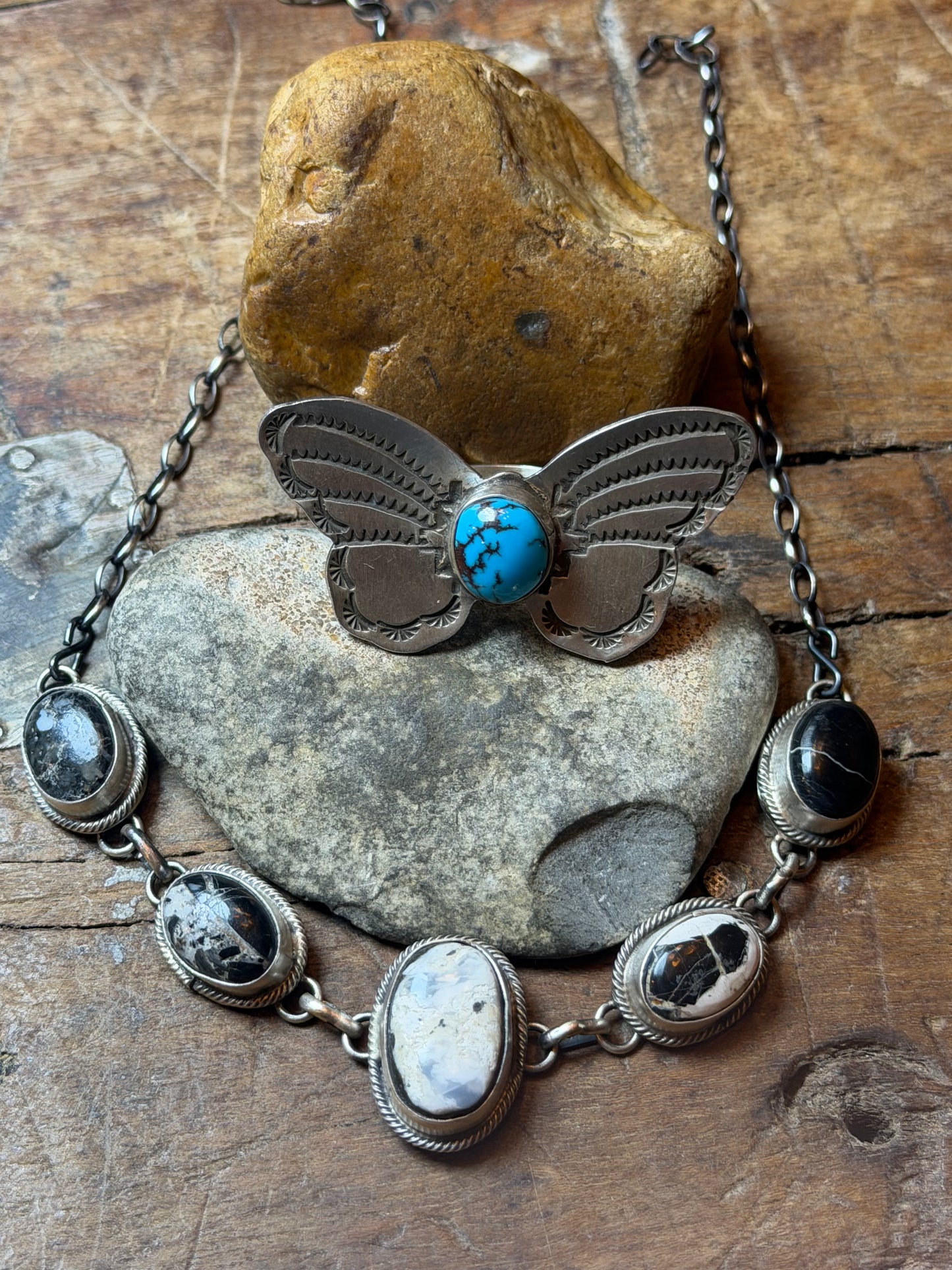 Kayla - White Buffalo Choker Necklace - 14-7/8" and Sterling Butterfly Adjustable Ring w Turquoise Stone