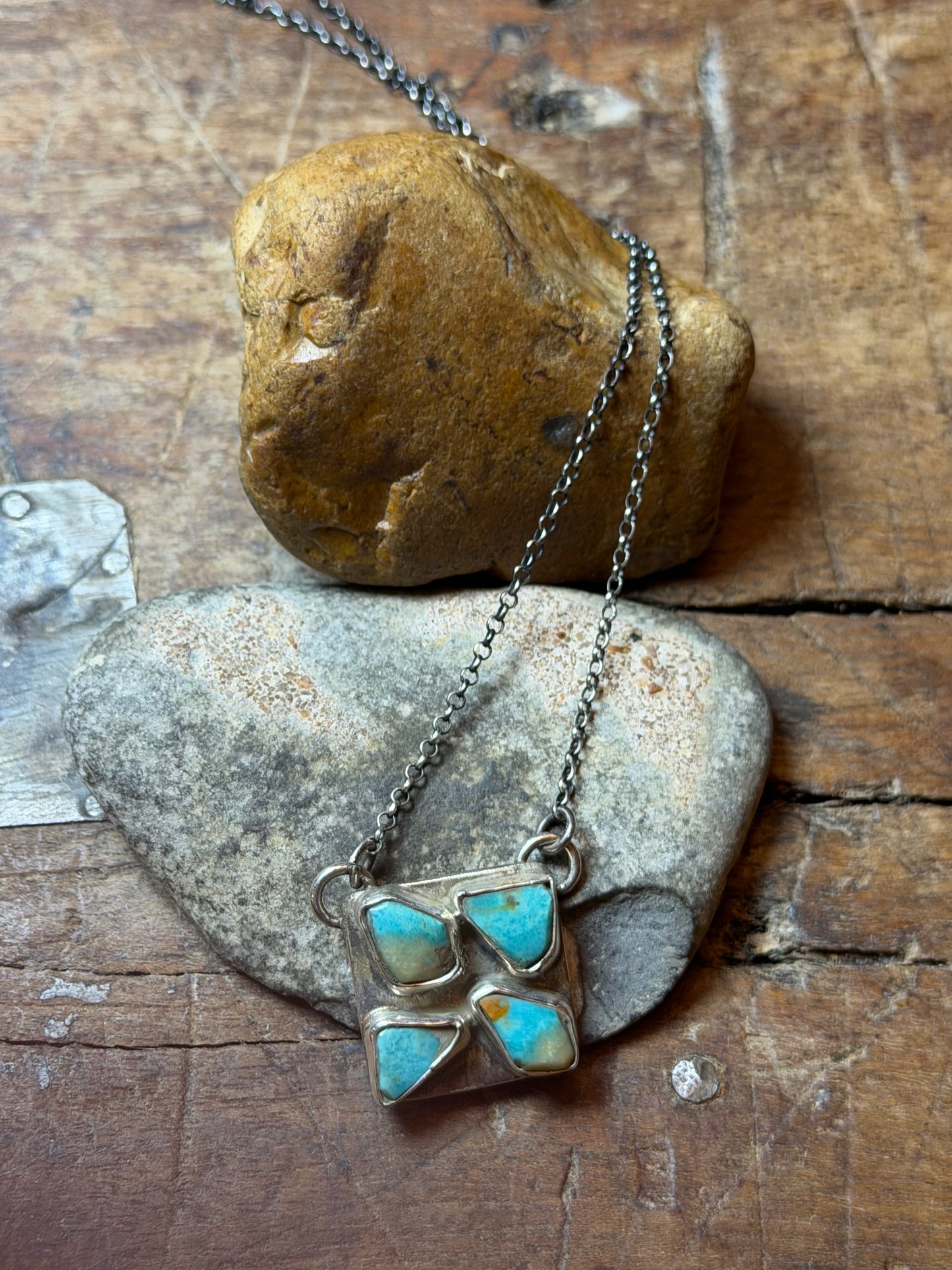 Shelly - Square Sterling Necklace w 4 Turquoise Stones - 17.25" Long