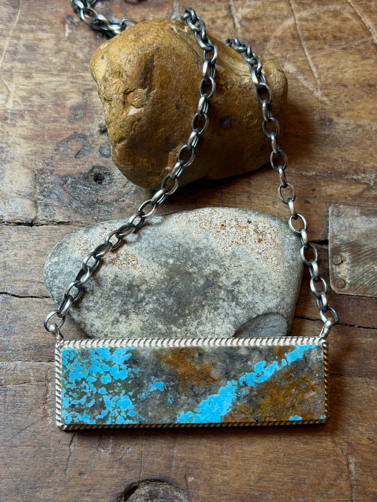 Amber - Turquoise Large Bar Necklace - 19-1/8" Long