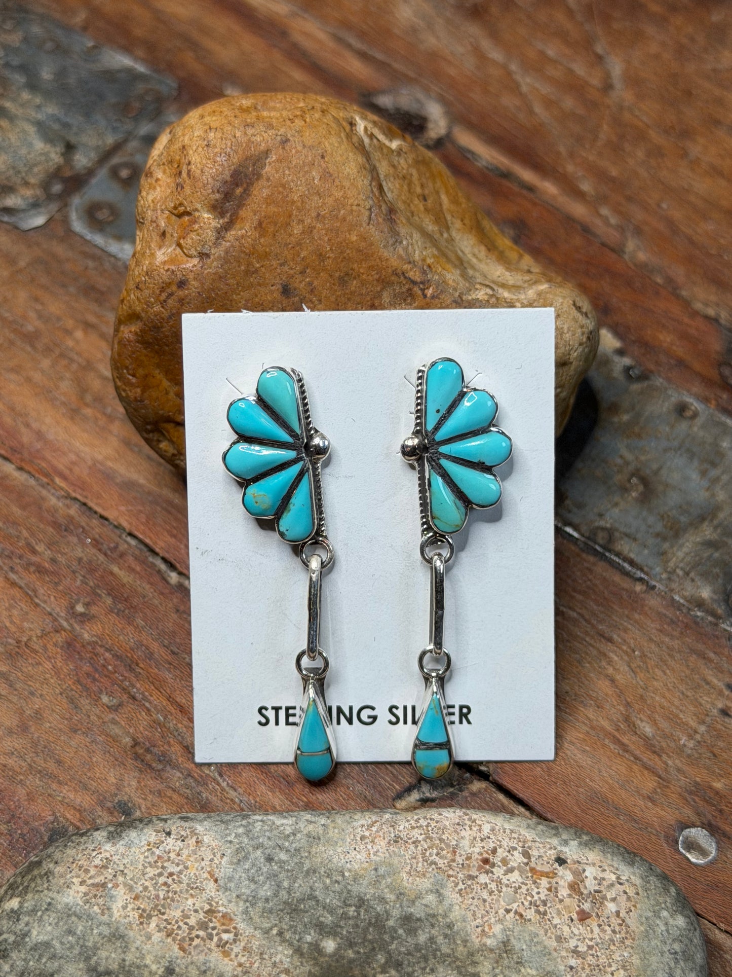 Diamond 10K - Sterling Turquoise Half Flower Stud w Dangle Earrings