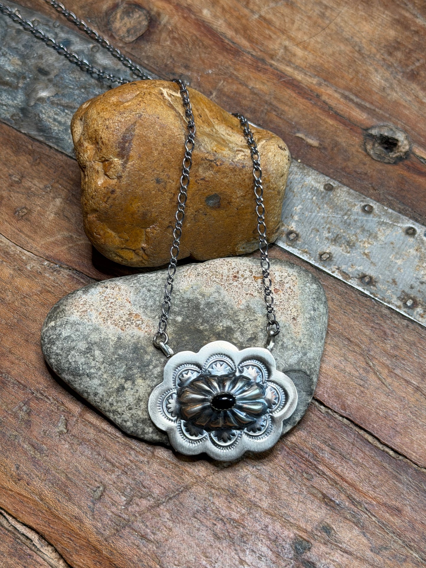 RO - Silver Concho Bar Style Necklace w Black Onyx Center Stone