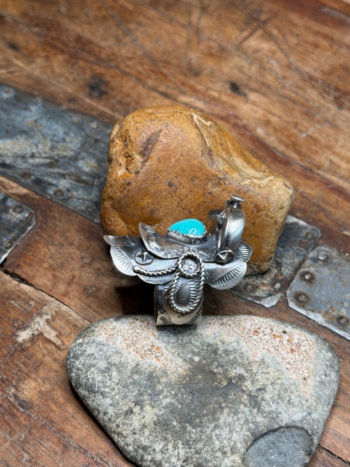 Hannah - Silver Adjustable Saddle Ring w Turquoise Heart