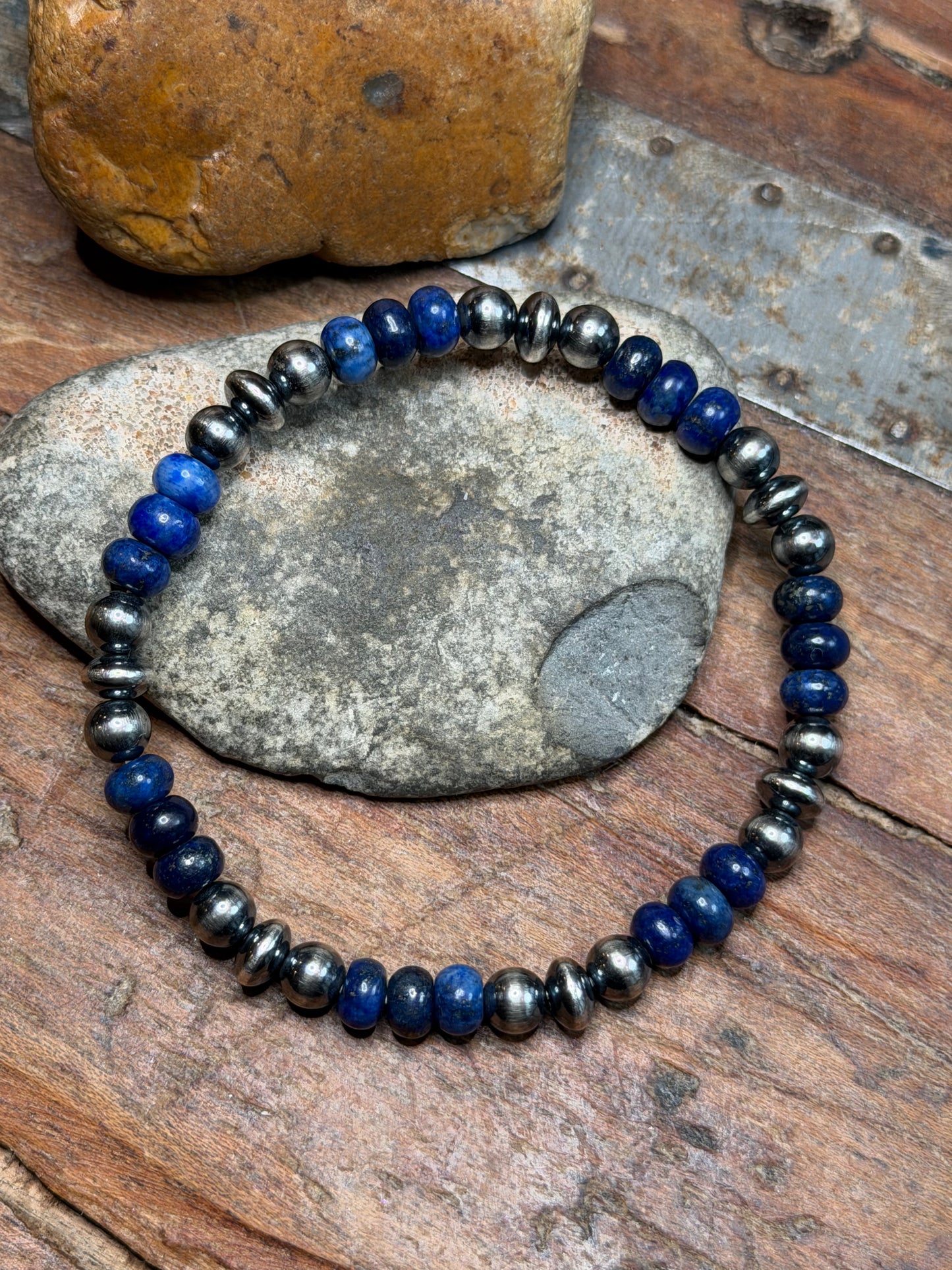 Isabel - 6.7mm Silver Machine Made and Blue Lapis Stretchy Bracelet