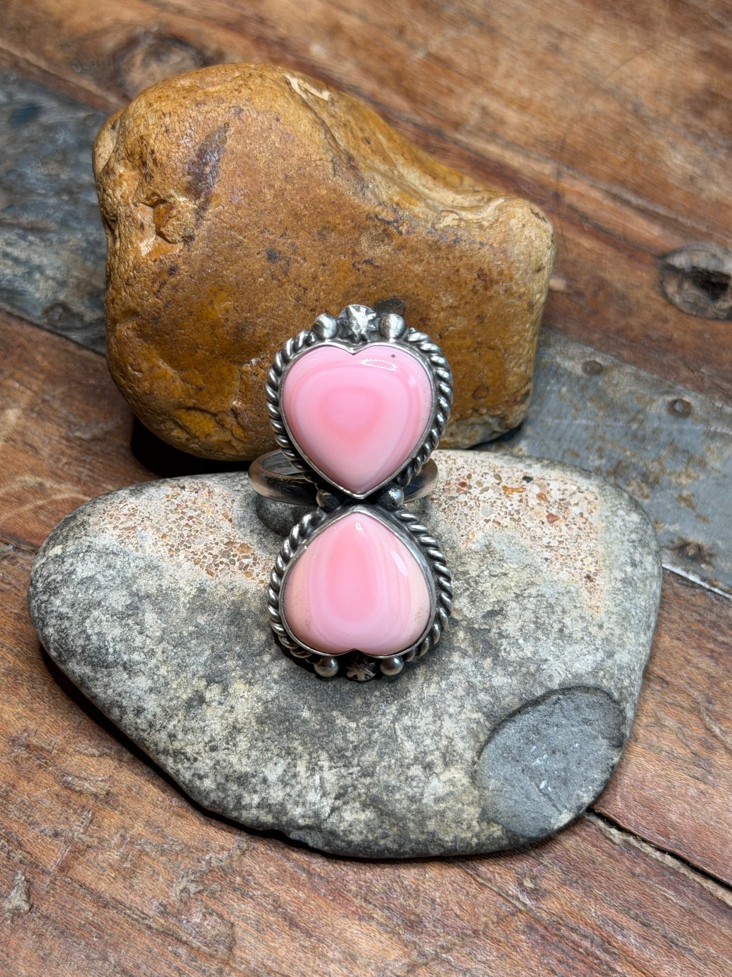 Julie - 2 Stone Pink Conch Heart Adjustable Ring
