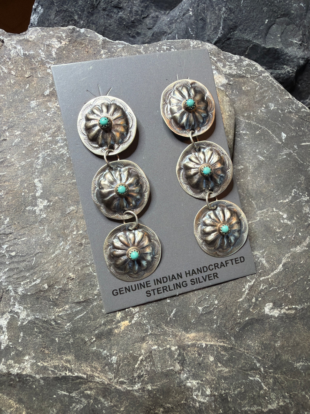 Jessica triple Concho earrings stamped be in Sterling