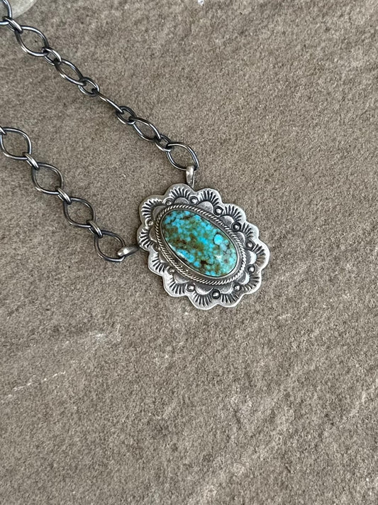 Stamp, silver, and turquoise bar necklace