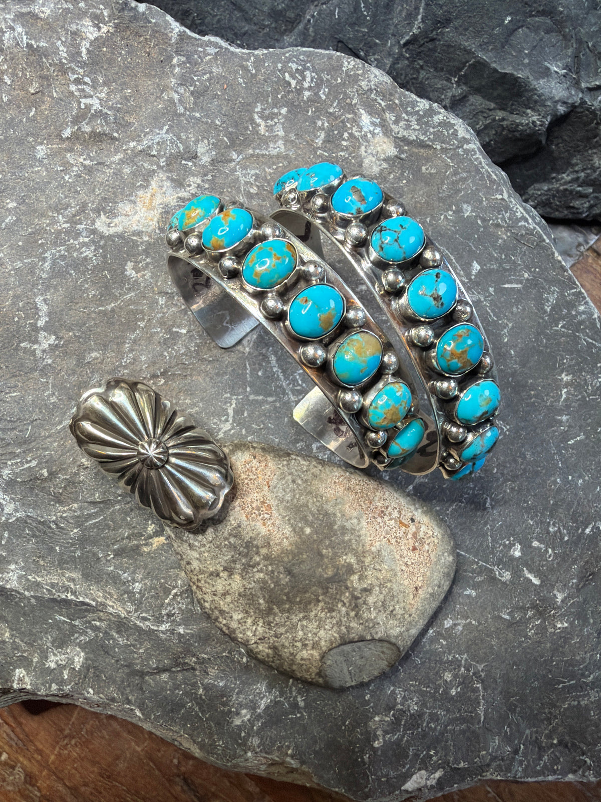 Nina Turquoise cuff 6 5/8 stamped by the artist Lorenzo CHEE 2nd cuff 7 inch same artist. Cadman Ring see pic for sizing