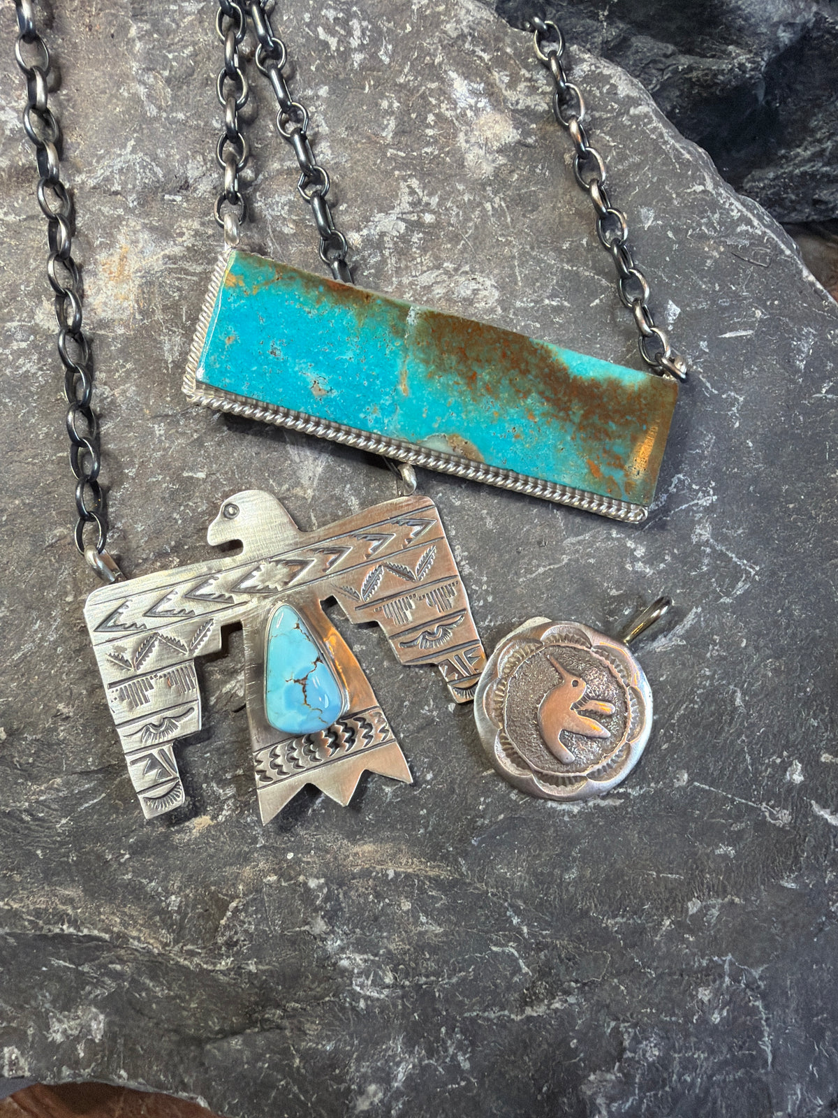 Nena Thunderbird necklace(295 18 inch as is mismatched chain) bar necklace (325 18 3/8 as is possible crack) hummingbird pendant