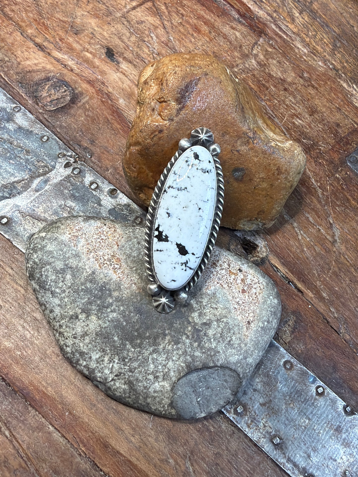 Katie white Buffalo adjustable ring stamped by the artist