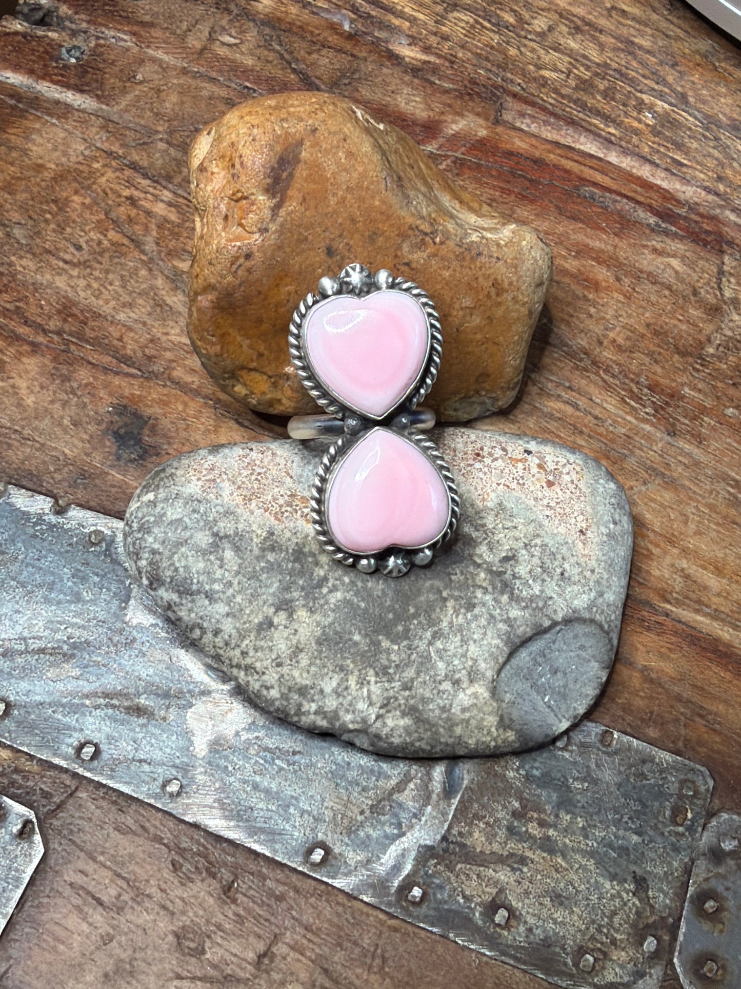 Jenny Ann two stone, pink conch adjustable ring