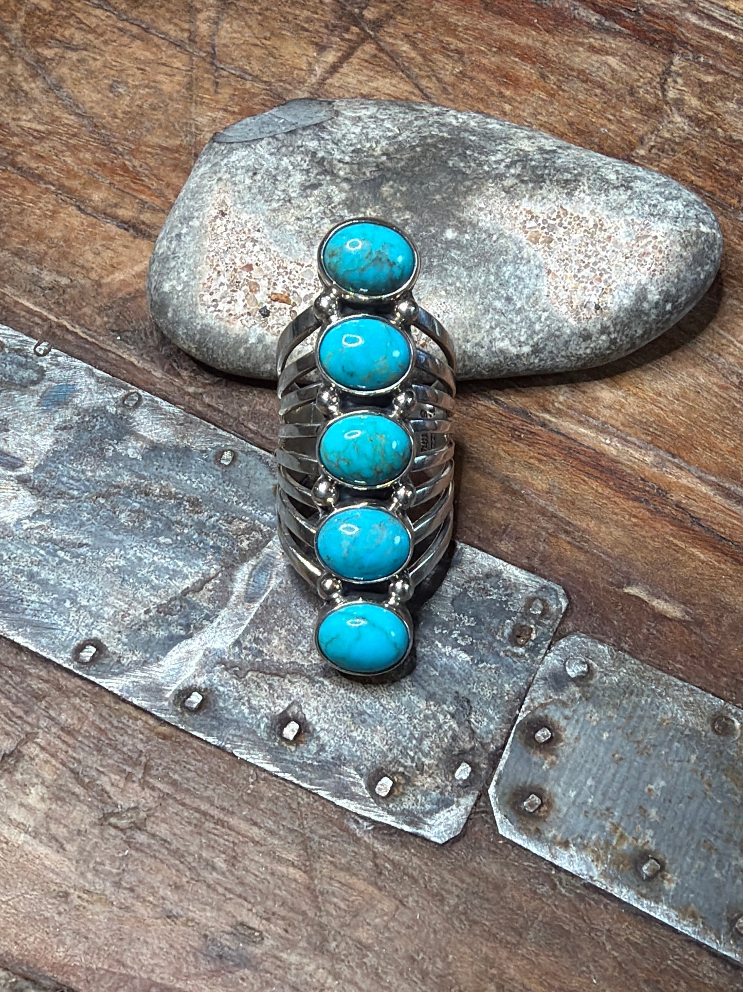 Lv five stone Turquoise ring C photos for sizing stamped by the artist