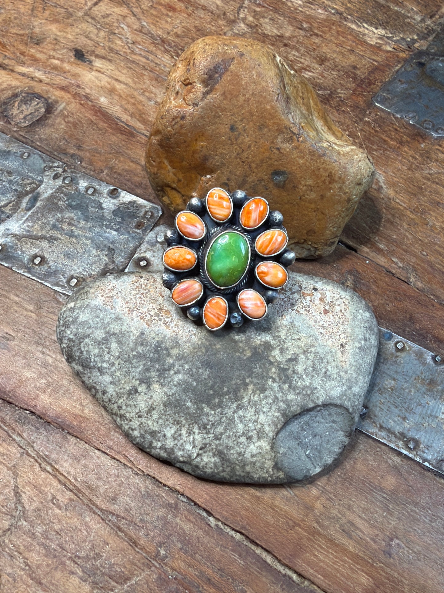 Dani orange spiny, and Turquoise adjustable cluster ring, stamped by the artist