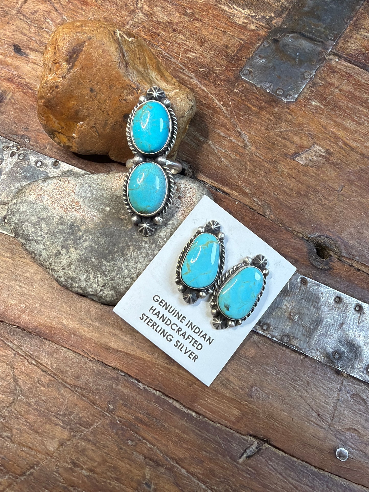 KT 2 item listing. Two stone adjustable ring$215 stamped by the artist Turquoise earrings$170