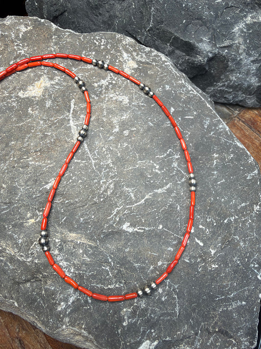 Jo P - Machine Made Beaded Necklace w Coral - 21-5/8" Long