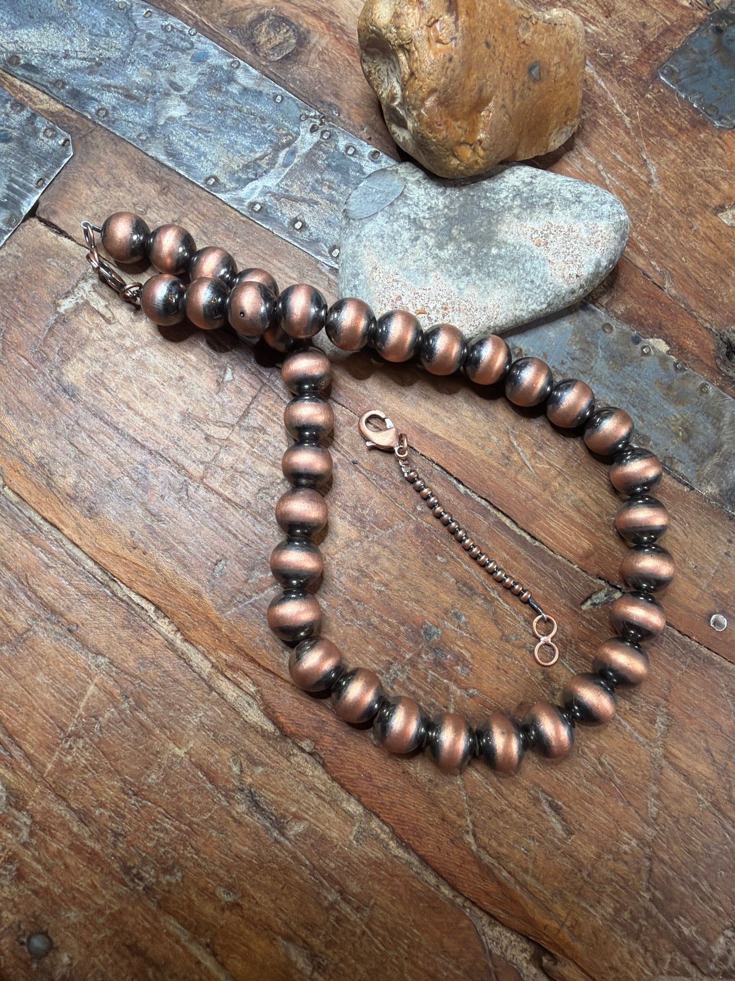 Ginger-11.79 mm copper bead necklace 16 inch machine made(as is little pin dent on bead). One 3 mm 3 inch copper machine made extender.