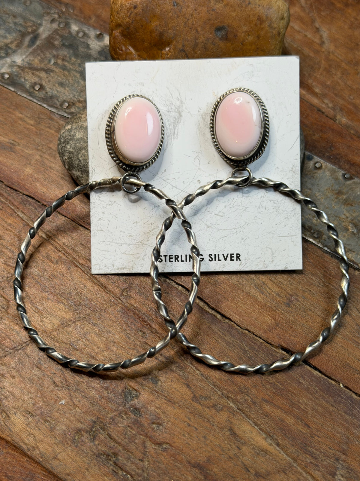 Vickie Hammer Time - Pink Conch Stud Earrings w Twisted Sterling Hoops