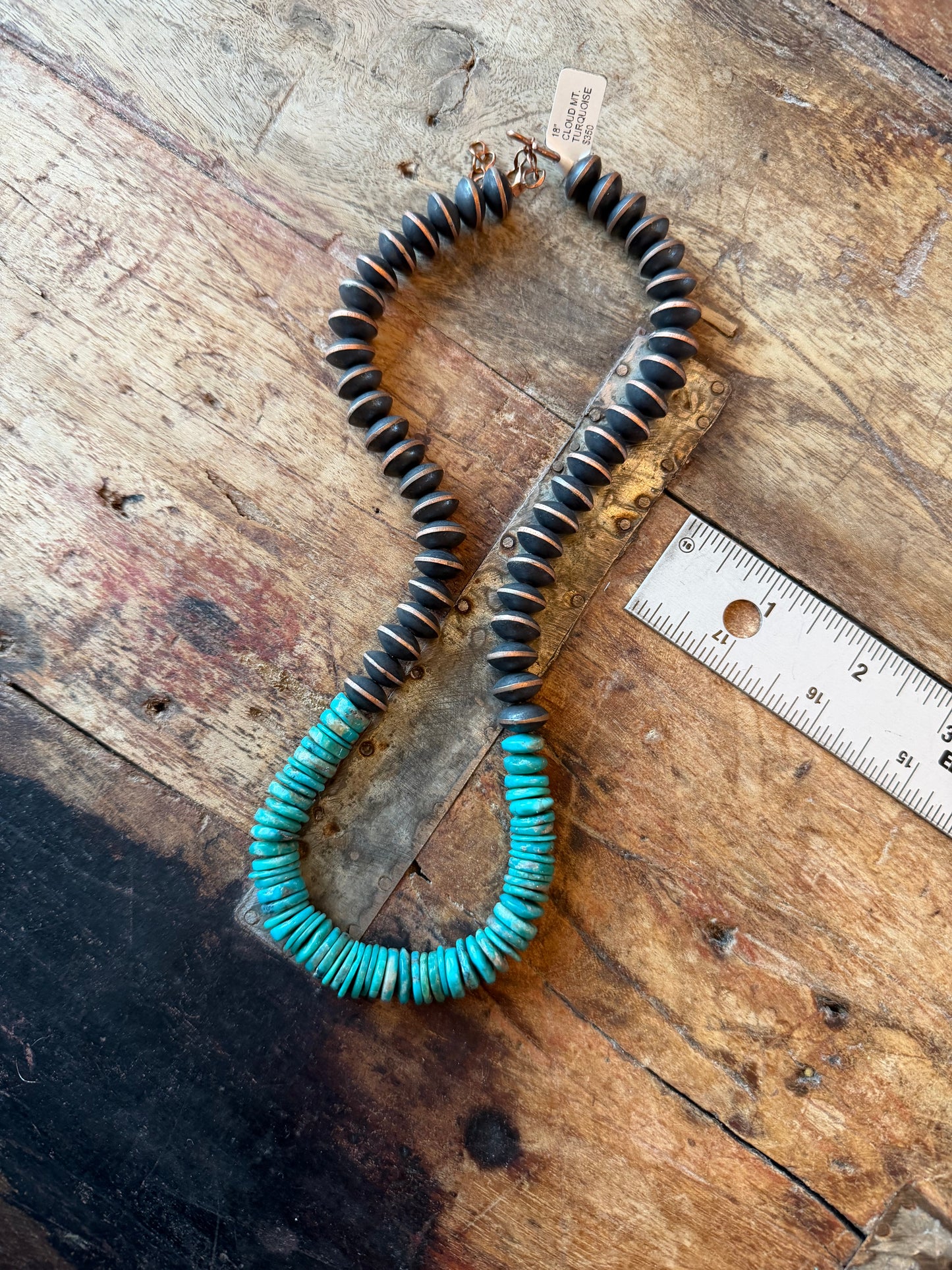 Hannah-Copper beaded necklace machine made with cloud Mountain Turquoise, 19 to 21 inches long with extended chain