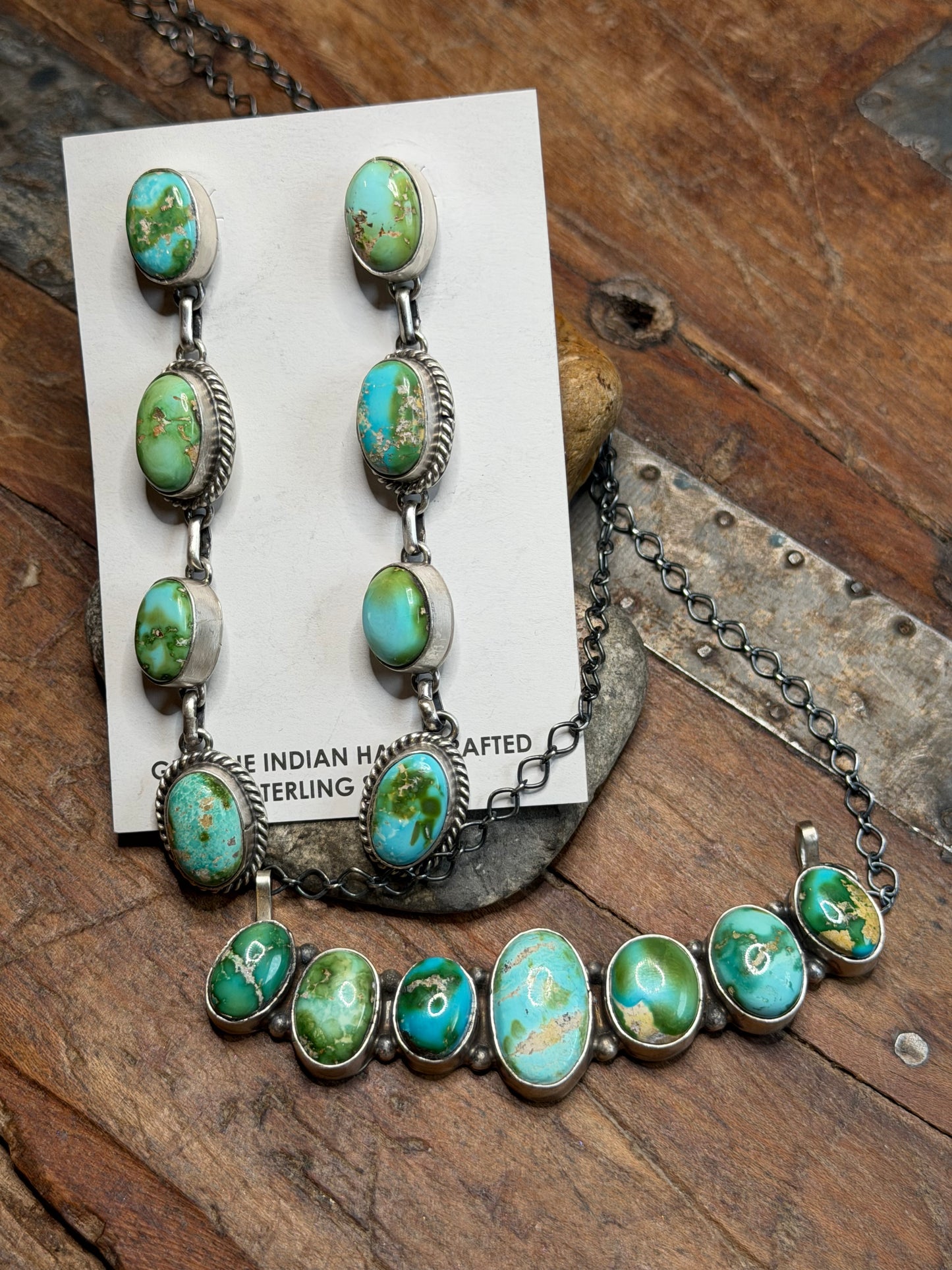 JoAnn - 7 Stone Bar Sonoran Turquoise Necklace w Sonoran Turquoise 4 Stone Dangle Earrings