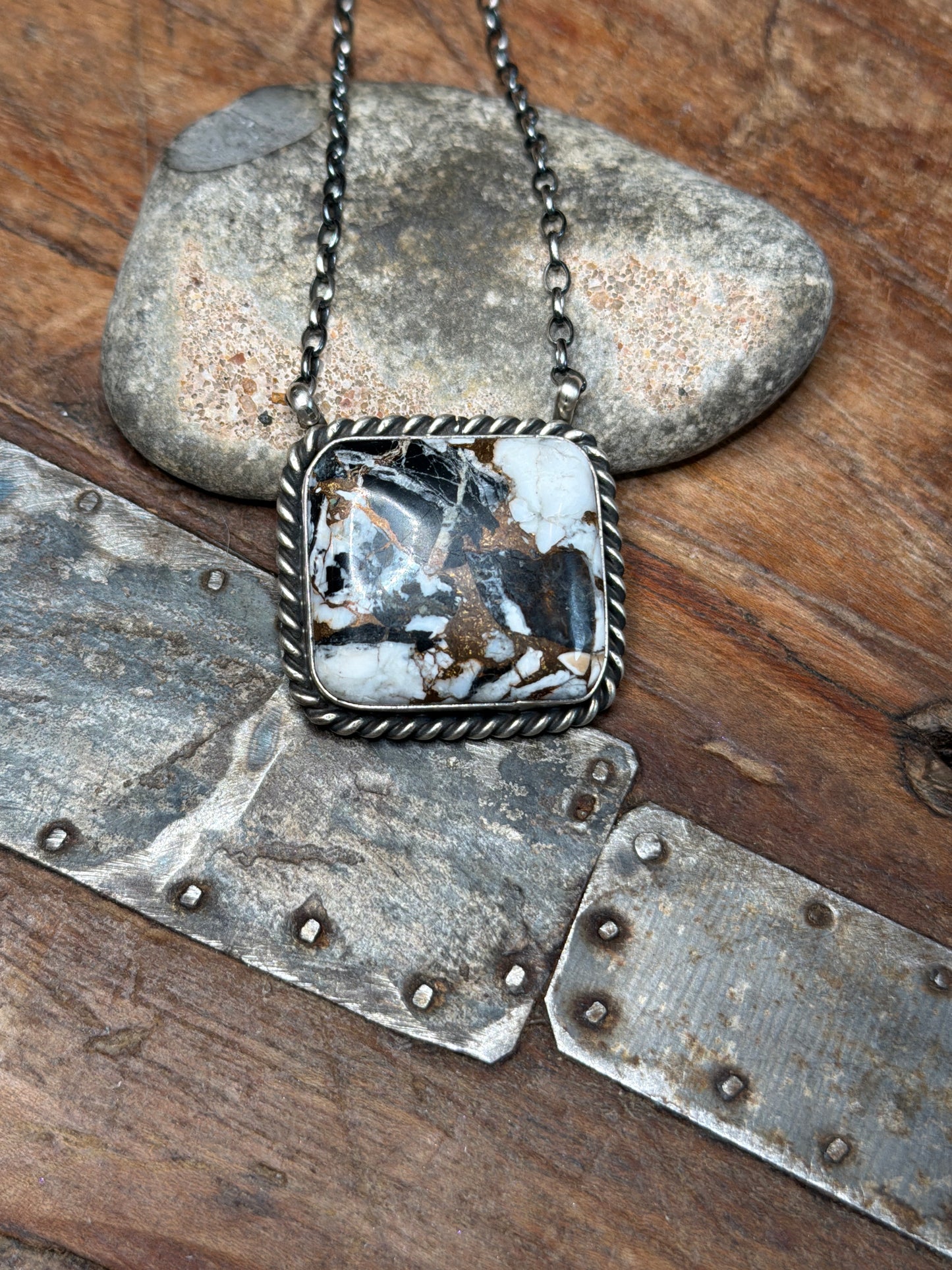 Mayra white, buffalo and bronze square necklace 16.5