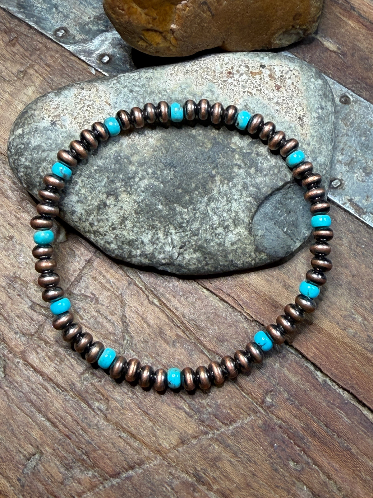 Shawne, Aussie Mom - 4.61mm Machine Made Beaded Copper and Turquoise Stretchy Bracelet