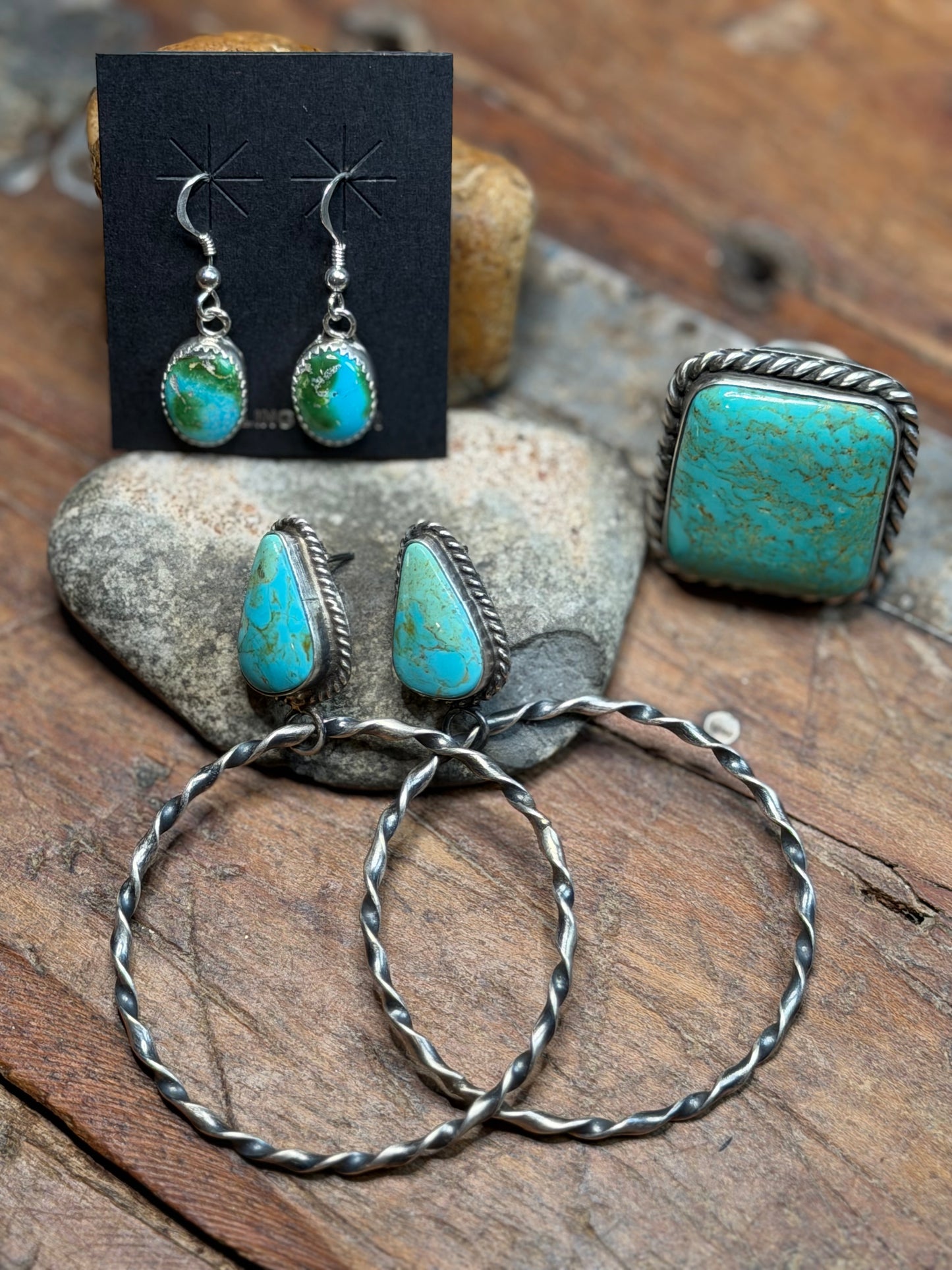 Dani - Turquoise Square Adjustable Ring, Turquoise Dangle Earrings, Turquoise Stud Earrings w Twisted Hoops